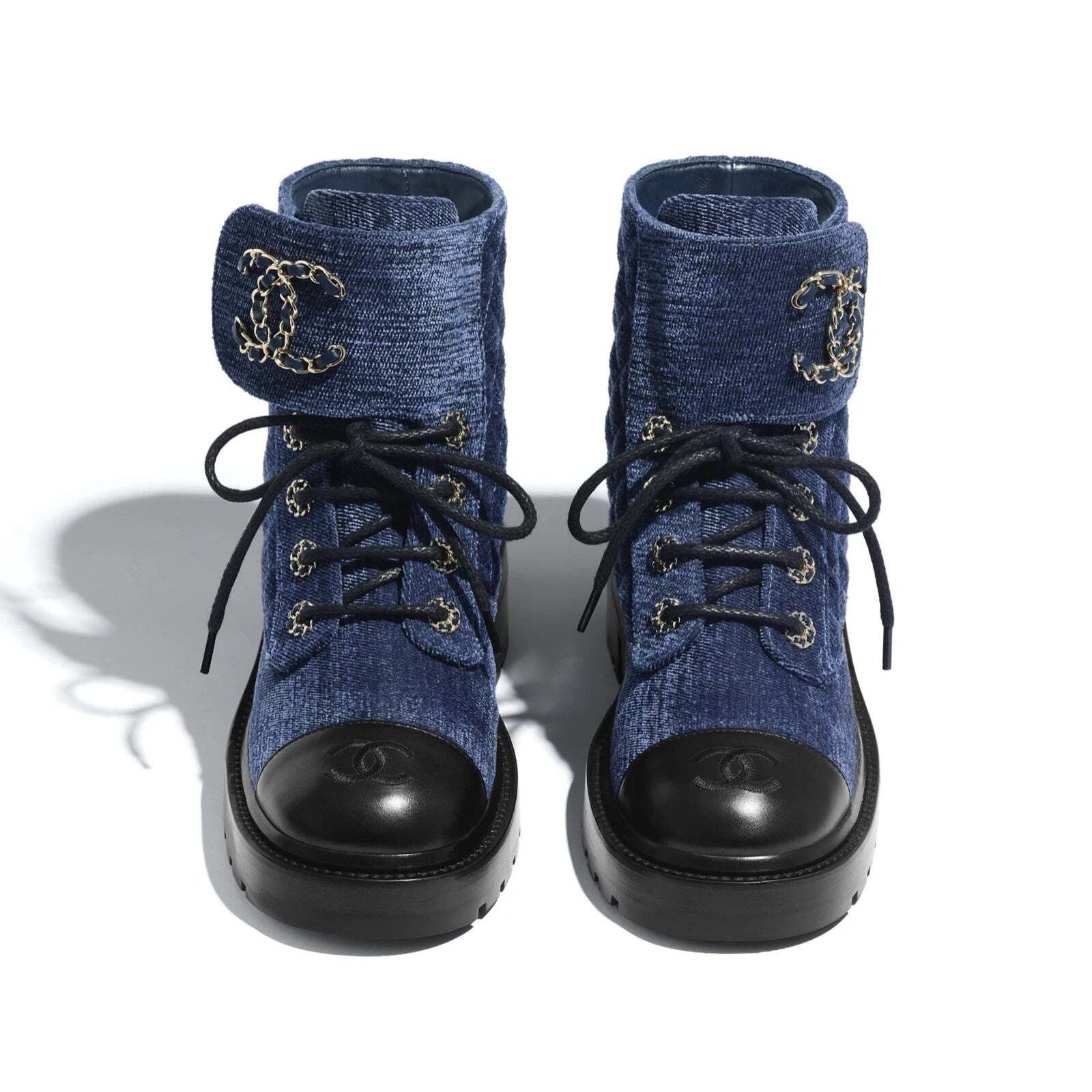 Chanel 21A Blue Black Quilted CC Chain Combat Lace Up