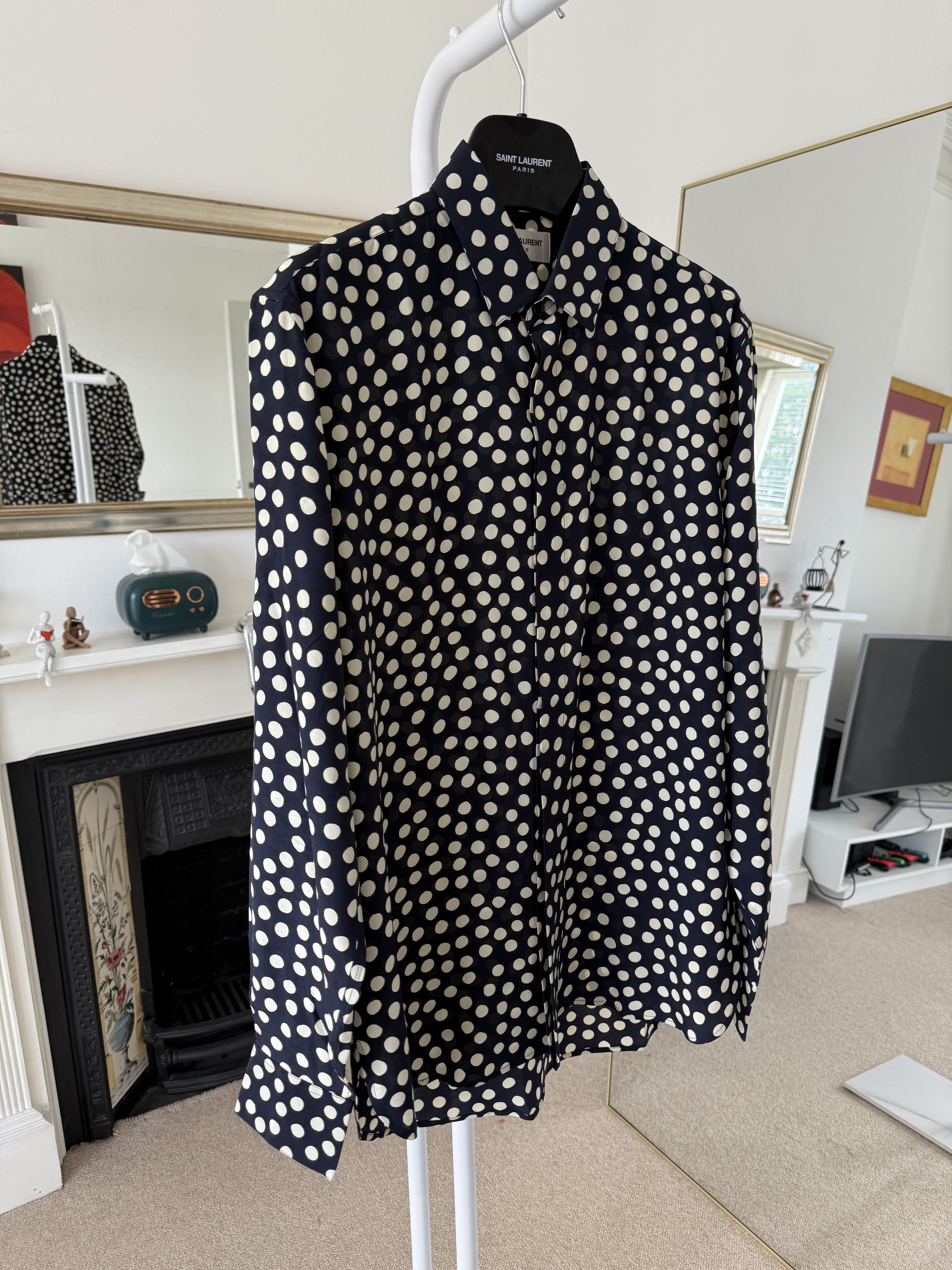 Saint Laurent Paris FW19 Saint Laurent Cream/Navy Polka Dot Silk Shirt Size US S / EU 44-46 / 1 - 3 Thumbnail