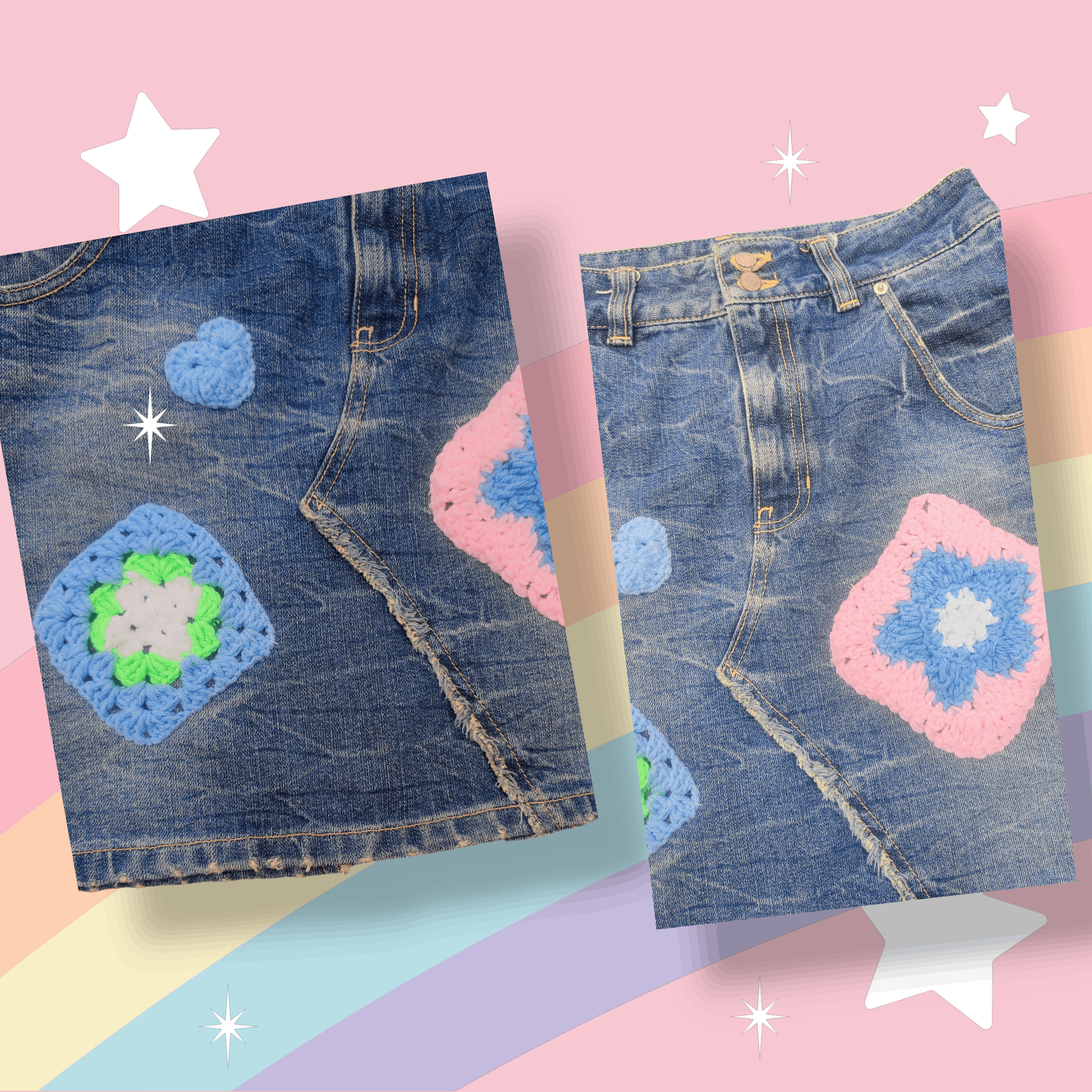Handmade Remake Old denim mini skirt crochet patches Size 30" / US 8 / IT 44 - 4 Thumbnail