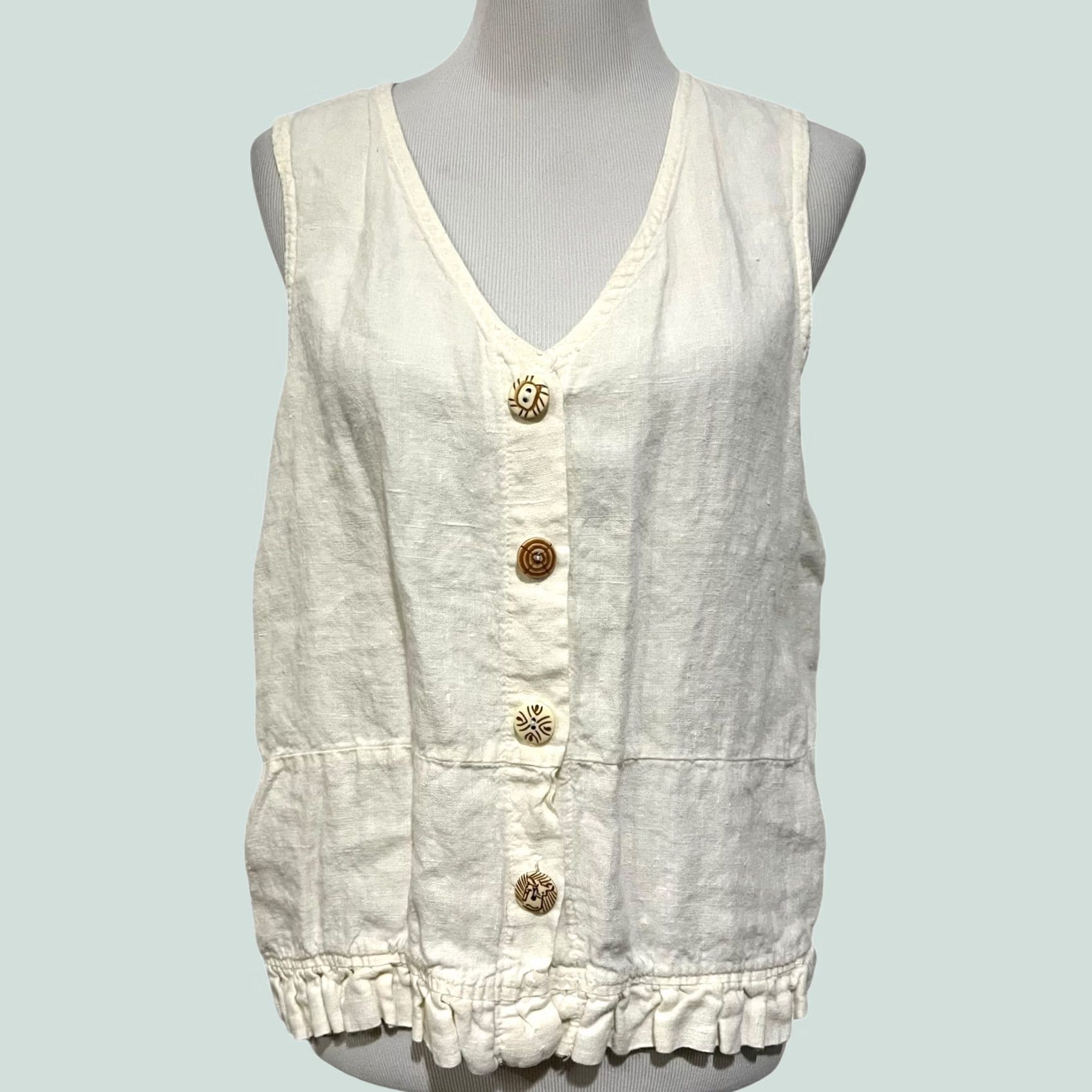Vintage Liz & Jane Linen Vest Womens Size Small Ivory Ruffle Hem Lagenlook Vest Sleeveless V-Neck Button Blouse Mens Womens Girls Boys Size S / US 4 / IT 40 - 1 Thumbnail