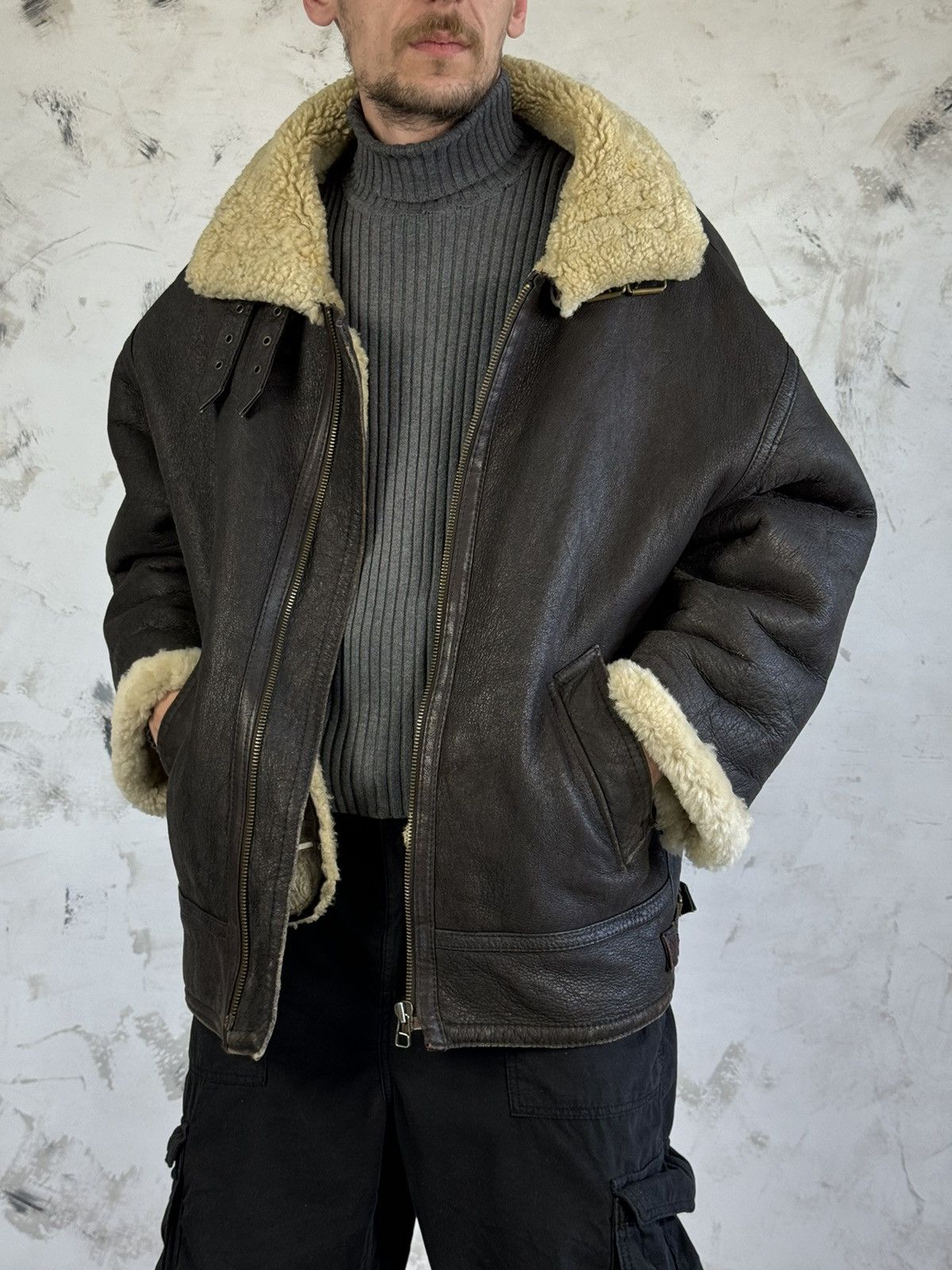 image of Sheepskin Coat x Vintage Original Shearling Sheepskin Leather Jacket Size XL in Brown, Men's