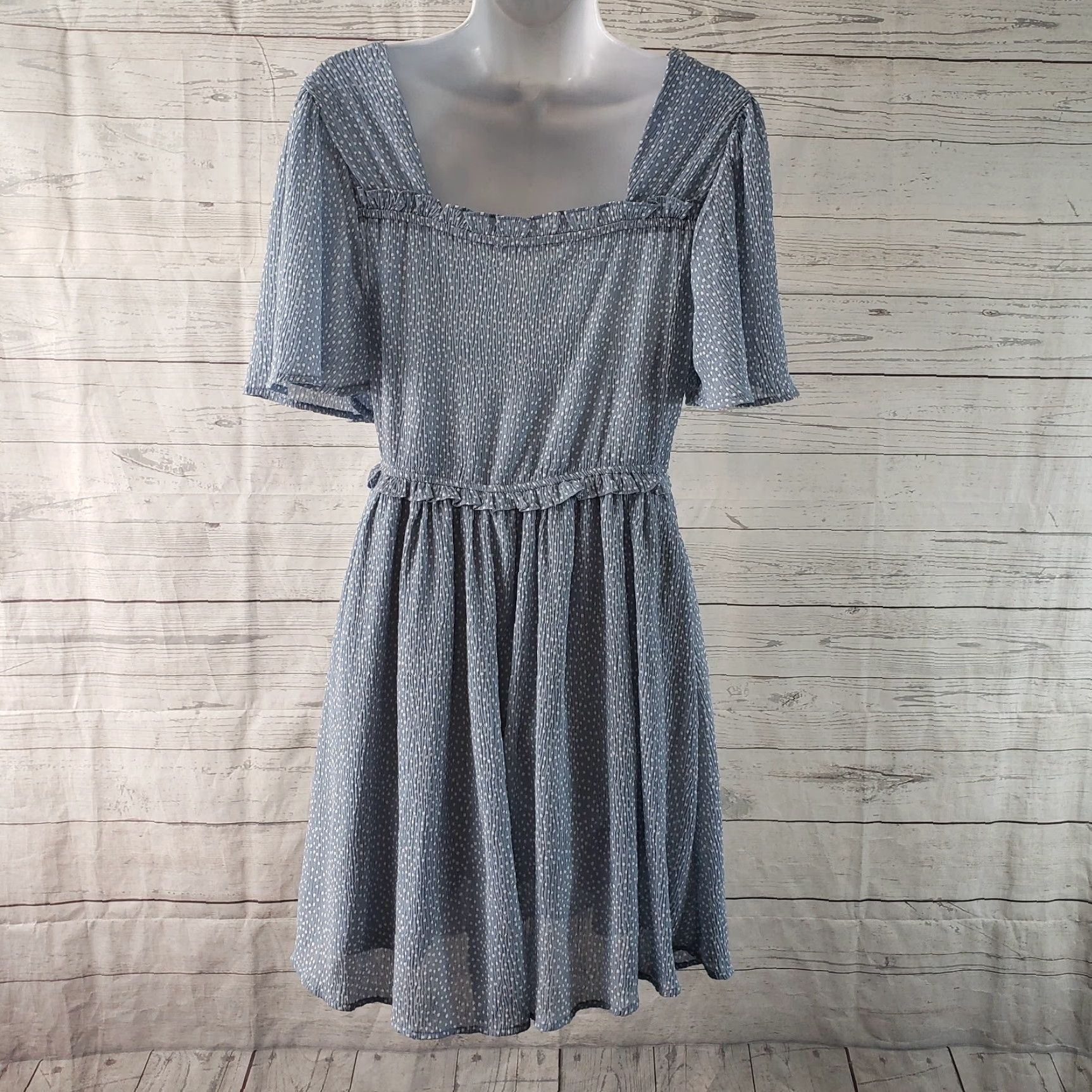 Vintage Loveriche Womens Dress Sz Medium Blue White Polka Dot Smocked Dress Short Sleeve Square Neck Pullover Fit & Flare Regular Size M / US 6-8 / IT 42-44 - 4 Thumbnail