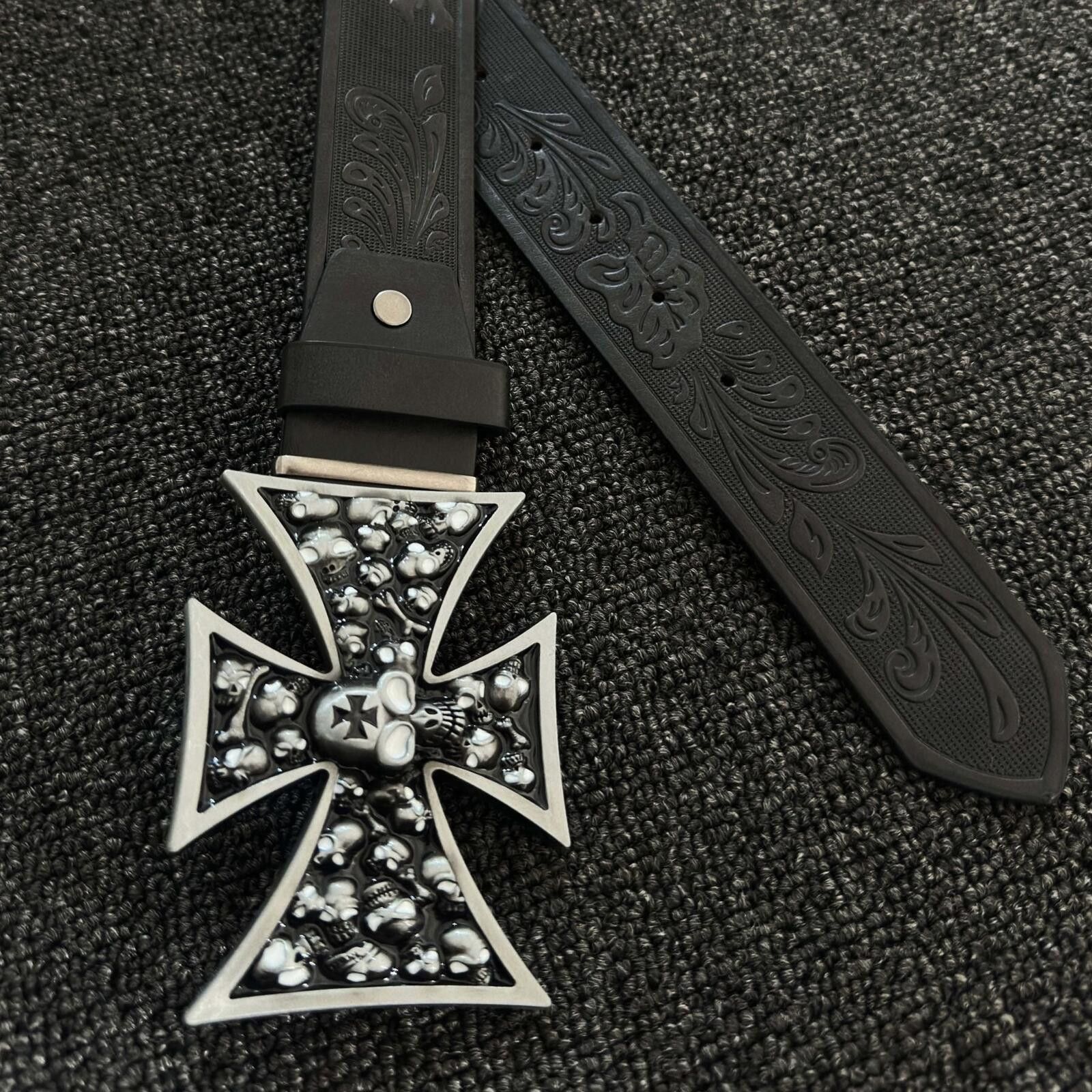 Other Iron Cross Skull Belt | Heavyweight Punk Black 120cm Size ONE SIZE - 4 Thumbnail
