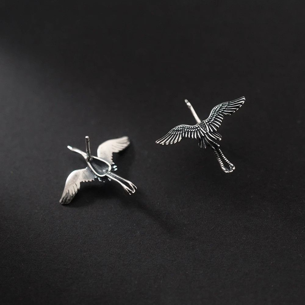 Jewelry Flying Cranes Stud Earrings 925 Sterling Ear Charm Gift Size ONE SIZE - 1 Thumbnail