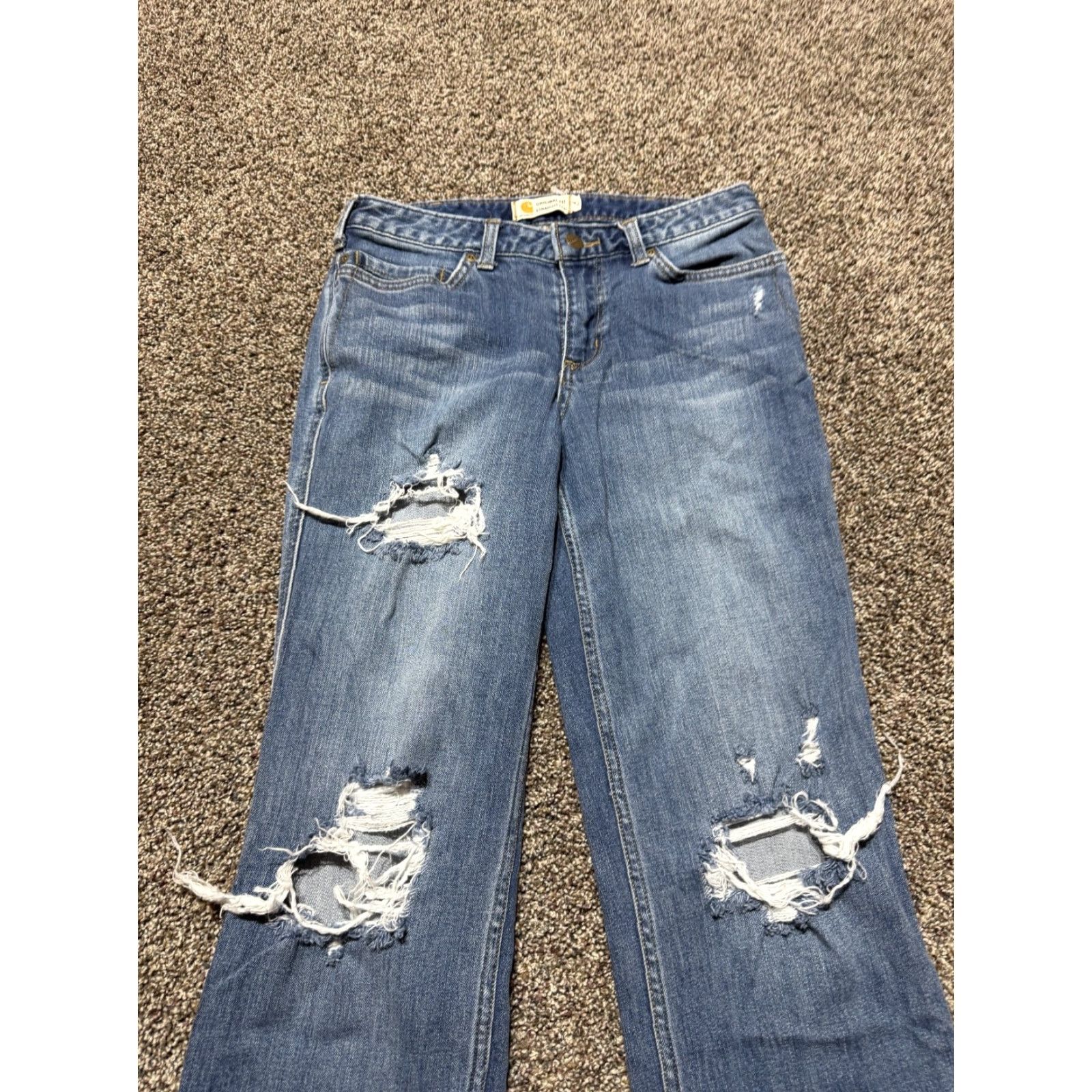 Carhartt Carhartt Women's Jeans Size 4 Tall Blue Denim Distressed Straight Raw Hem Jeans Size 27" / US 4 / IT 40 - 2 Thumbnail