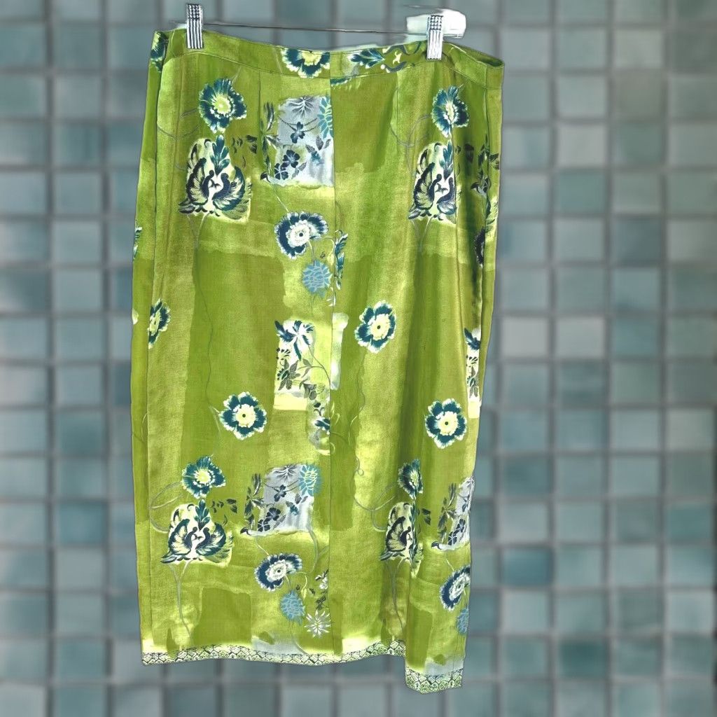 Vintage Tribal Womens Skirt Sz 16 Green Floral Flat Front Side Zipper Straight & Pencil Size 38" / US 16 / IT 52 - 1 Thumbnail