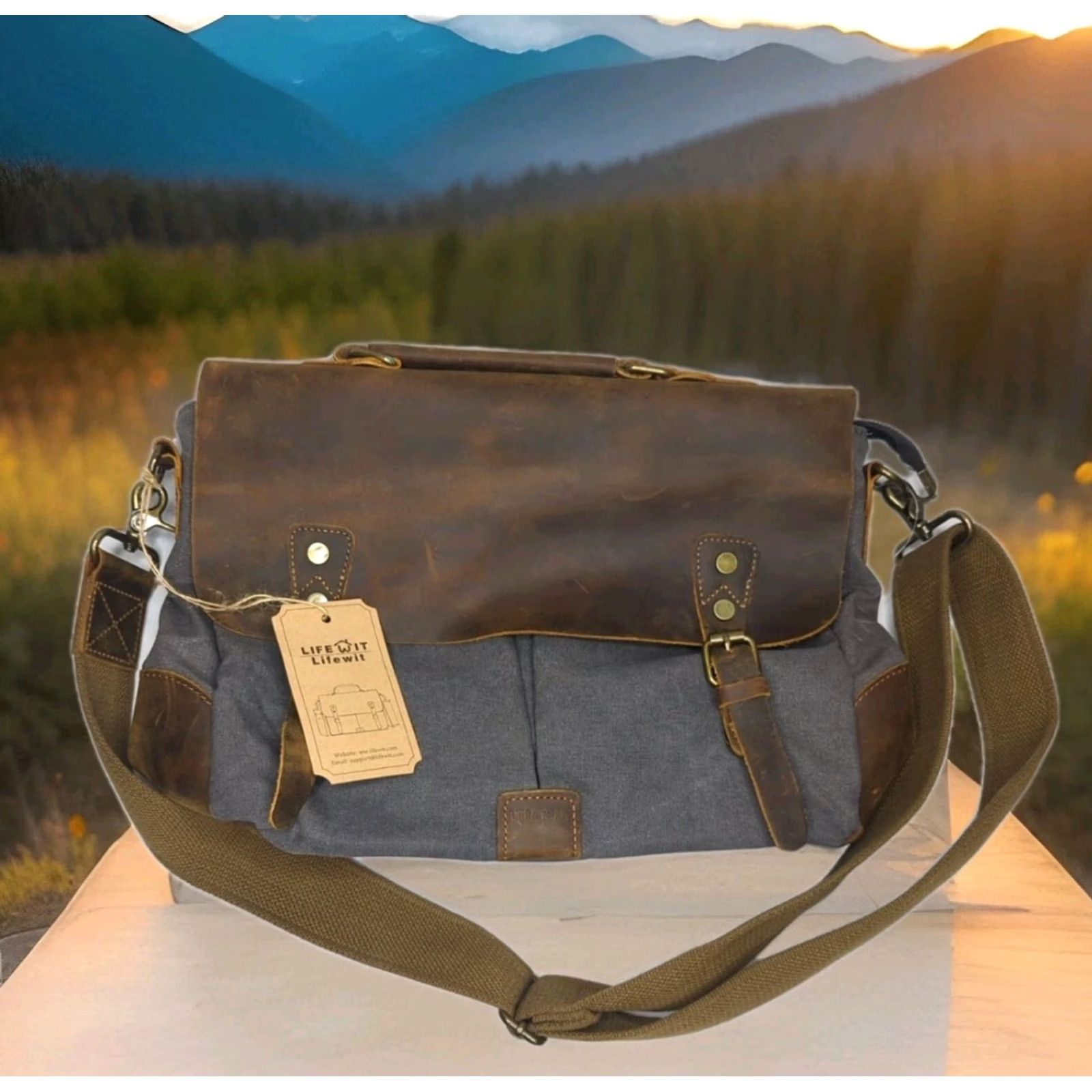 Vintage Lifewit Mens Rugged Vintage Canvas Leather Messenger Bag Crossbody Satchel Gray Brown Classic Outdoor Travel Workwear Laptop Size ONE SIZE - 2 Thumbnail
