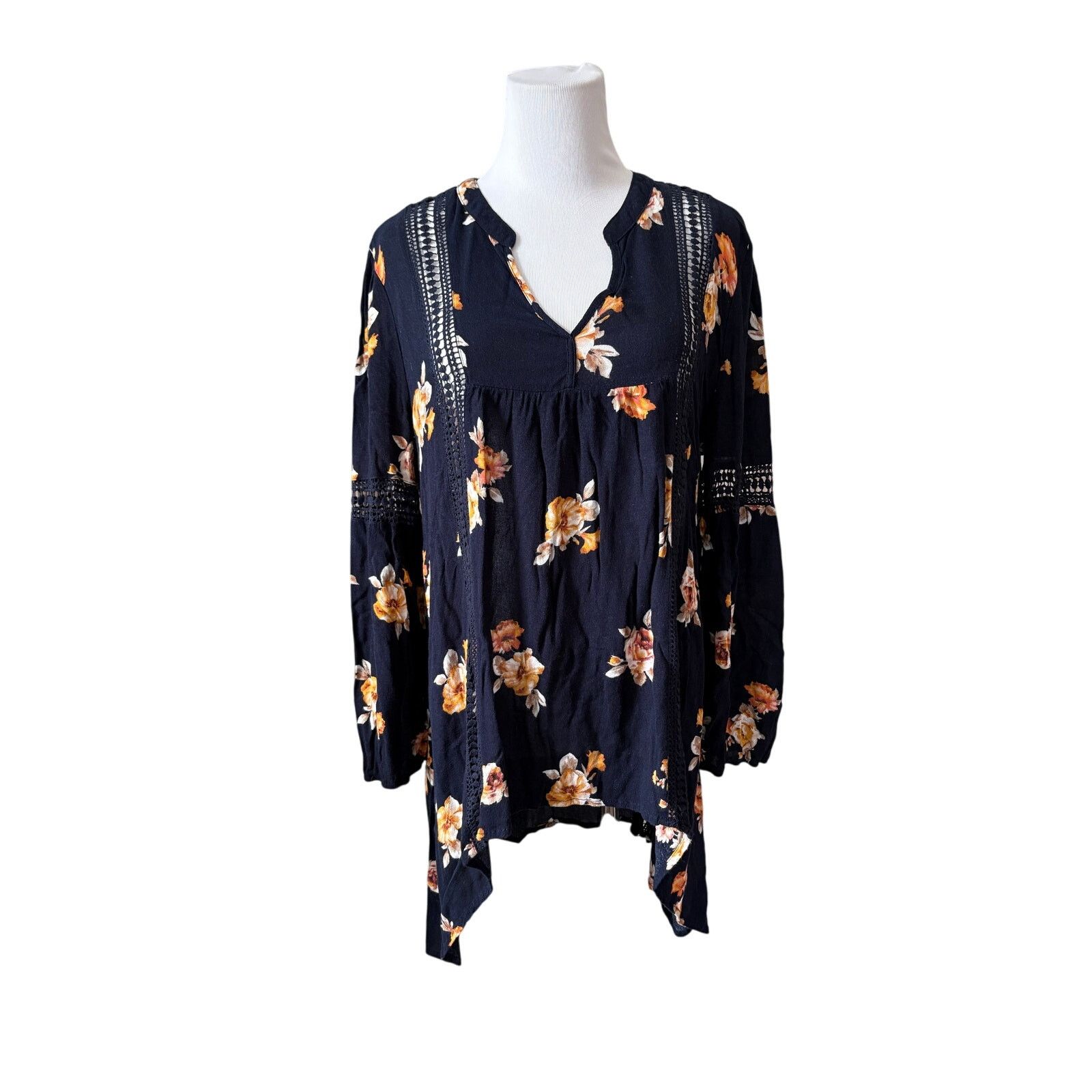 Other Blu Pepper Lace Insets Blue Floral Blouse LARGE Cottagecore Size L / US 10 / IT 46 - 1 Thumbnail