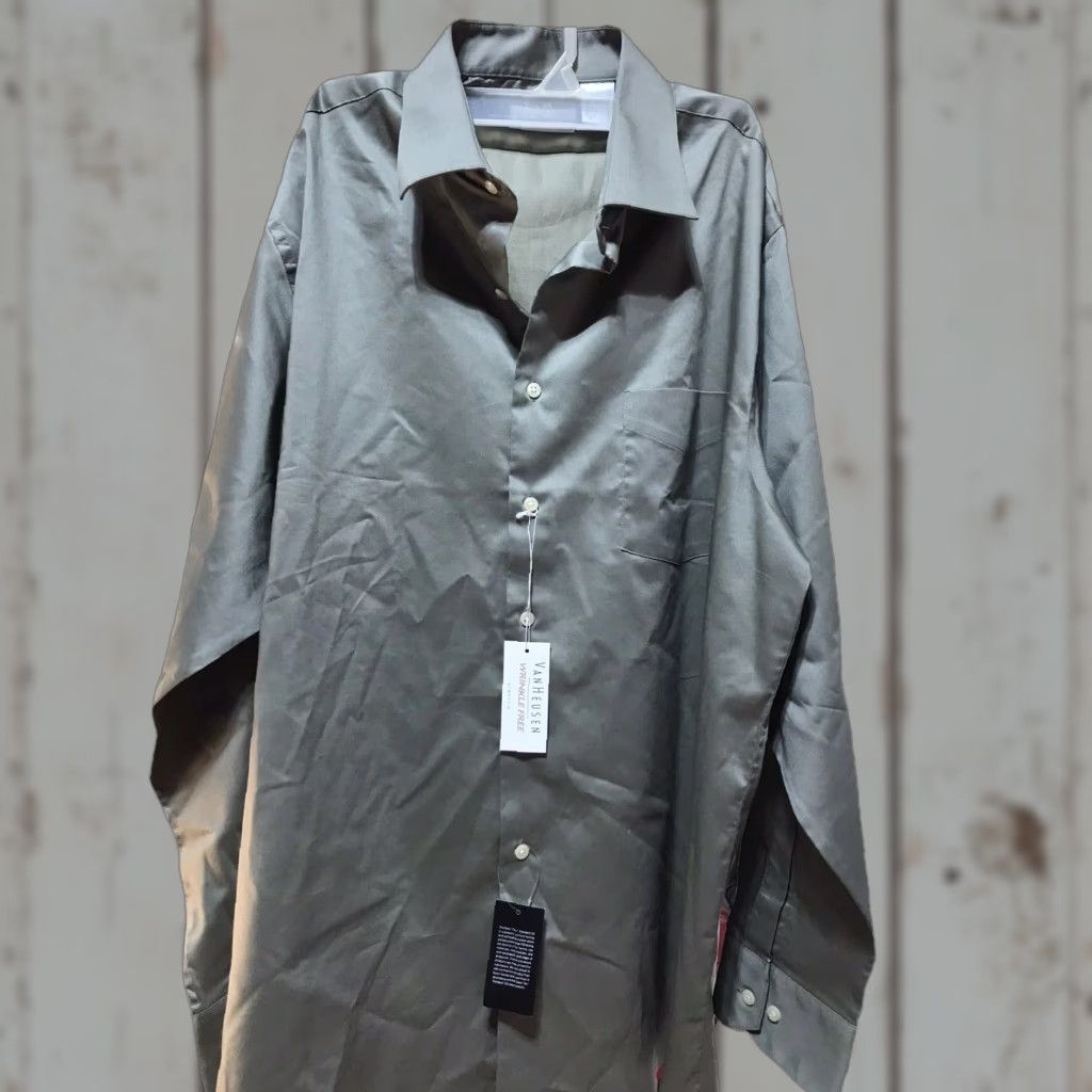 Van Heusen Van Heusen Dress Shirt Men Large Olive Green Long Sleeve Button-Down Casual Business Formal Workwear Size 42R - 1 Thumbnail