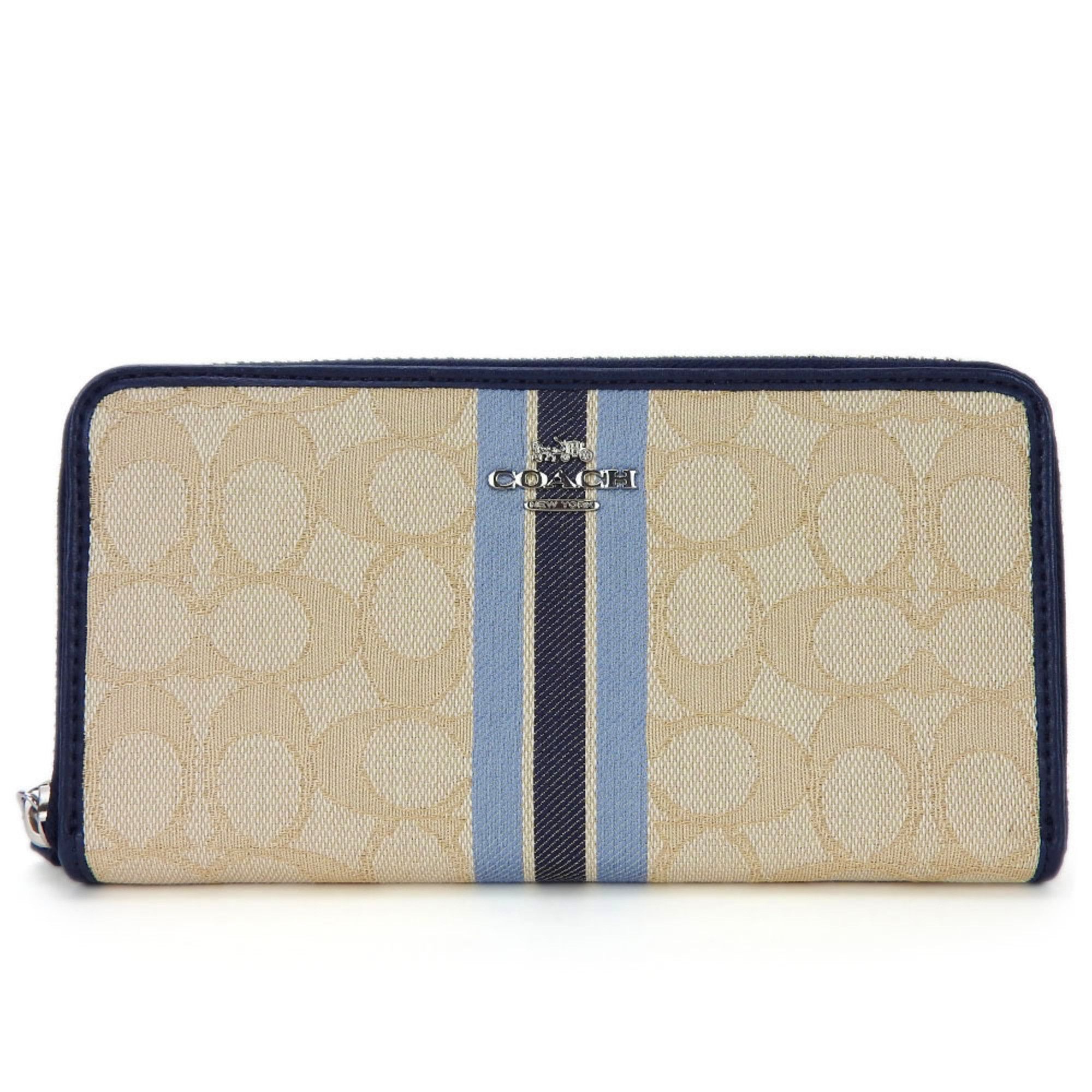 image of Coach Long Wallet Round Zip Zippy Signature Canvas F39139 Leather Navy Blue Ladies Coach Zippy Wall