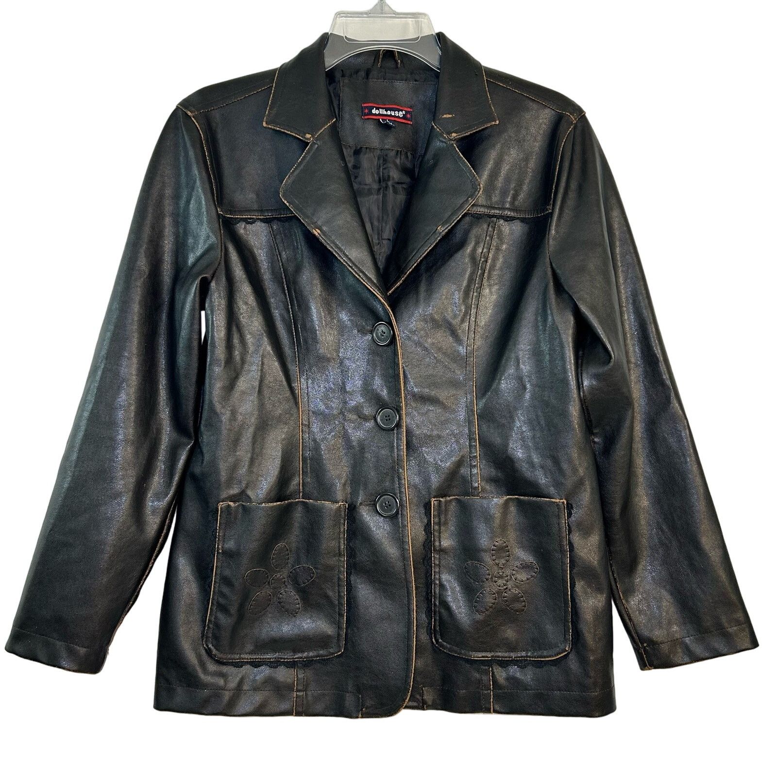 Vintage Y2K 90s Faux Leather Brown Pleather Jacket Lace Distressed Size M / US 6-8 / IT 42-44 - 4 Thumbnail