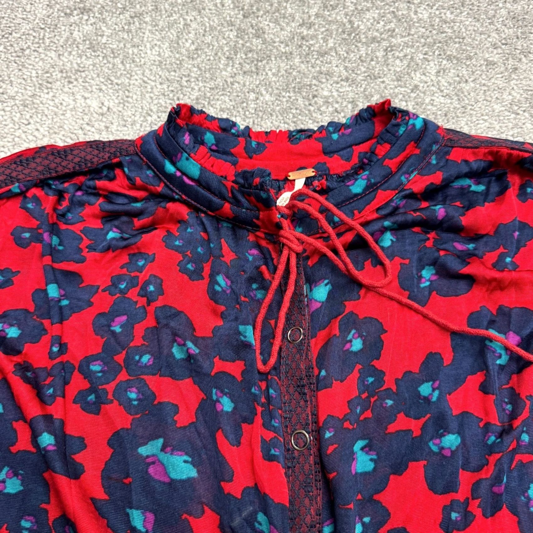 Free People Free People Floral Mini Dress Womens XS Navy Red Button Front Long Sleeve Boho Size XS / US 0-2 / IT 36-38 - 4 Thumbnail