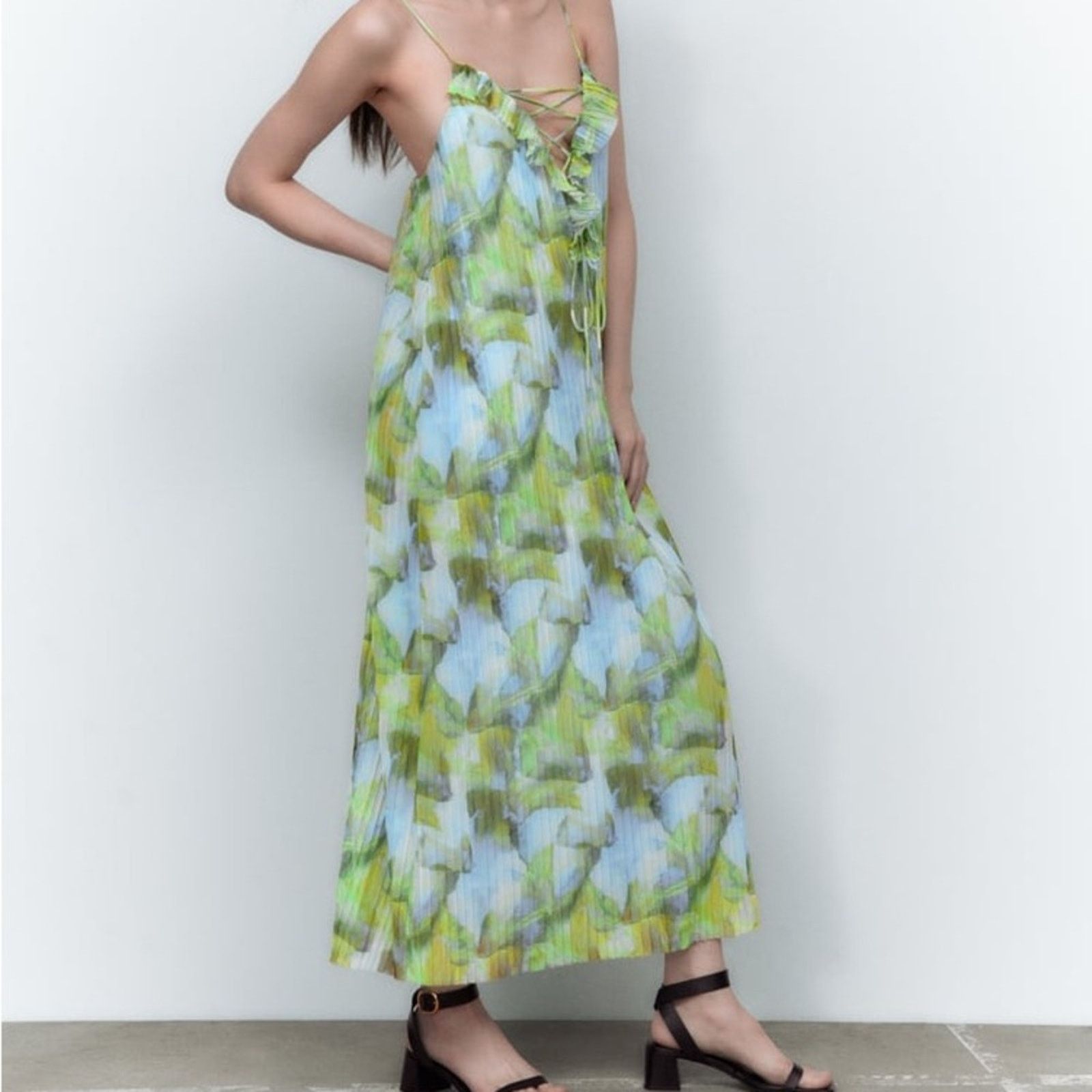 Zara ZARA PRINTED TULLE DRESS BLUE / GREEN Size M / US 6-8 / IT 42-44 - 6 Thumbnail