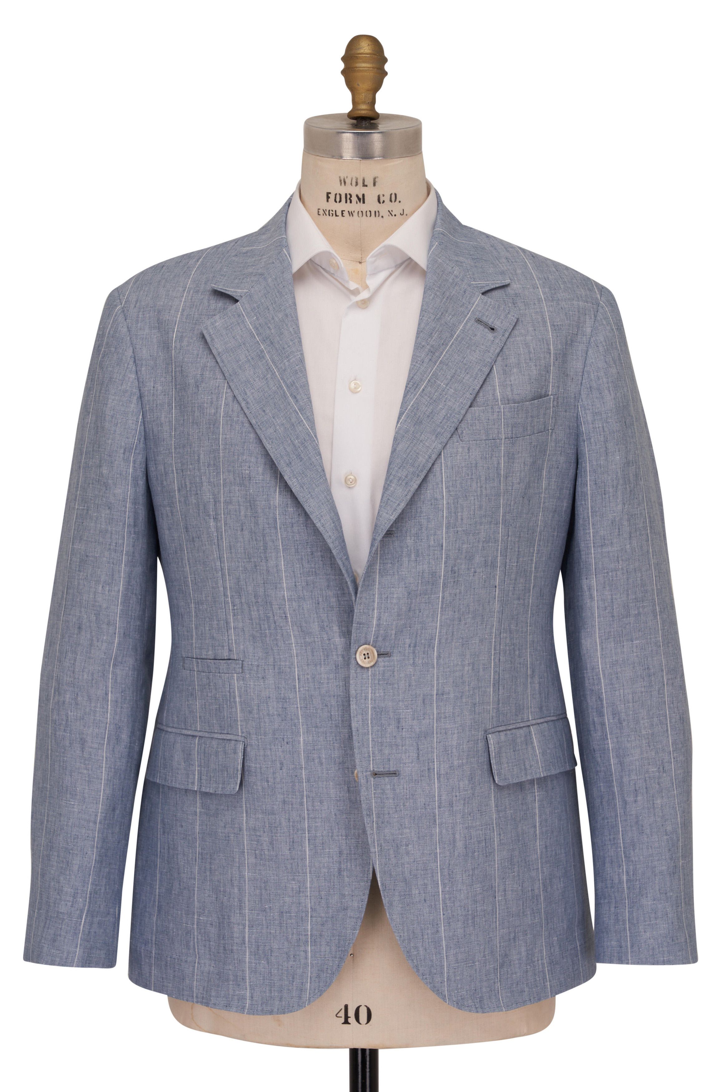 Brunello Cucinelli o1mtch0225 Stripe Linen Sportcoat in Light Blue Size US L / EU 52-54 / 3 - 1 Thumbnail