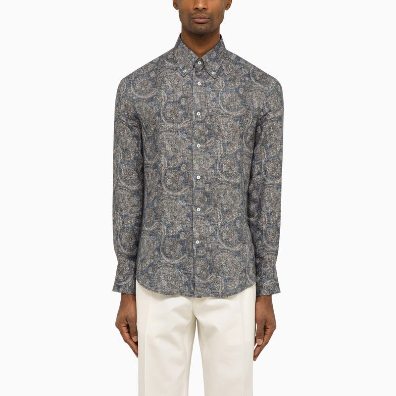 image of Brunello Cucinelli Linen Shirt With Paisley Print in Grey, Men's (Size Large)