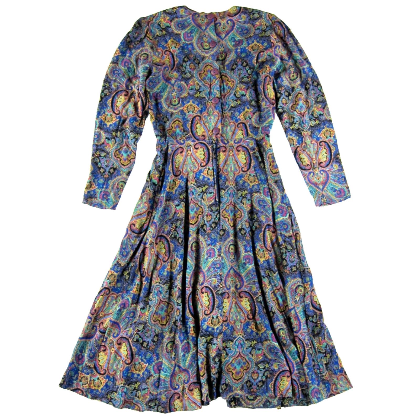 Vintage VTG Pheobe Petites Rayon Purple Green Paisley Long Sleeve Pocket Midi Dress XS-S - Womens Size XS / US 0-2 / IT 36-38 - 2 Thumbnail