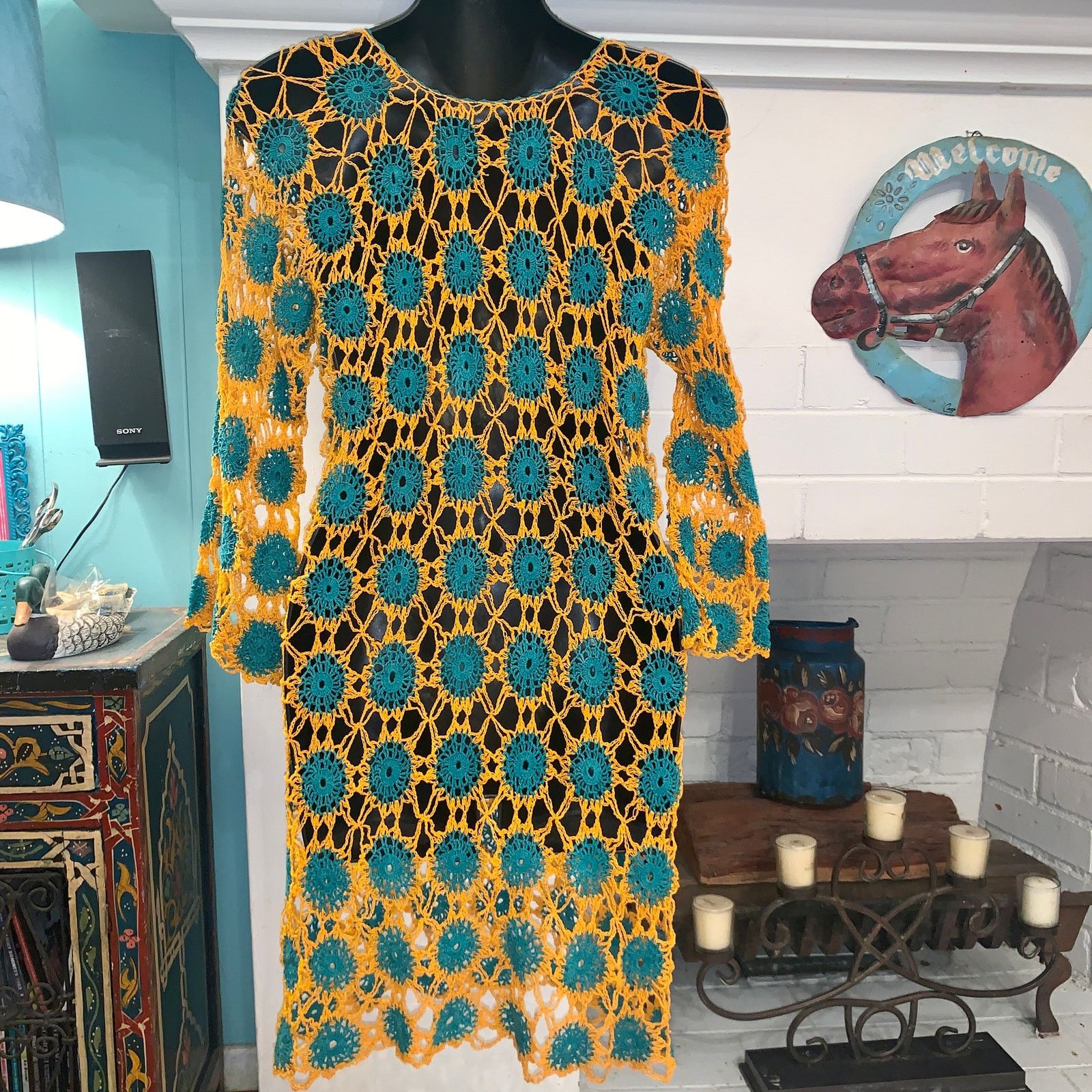 RARE VINTAGE CROCHET TURQUOISE GOLD MARIGOLD FESTIVAL DRESS