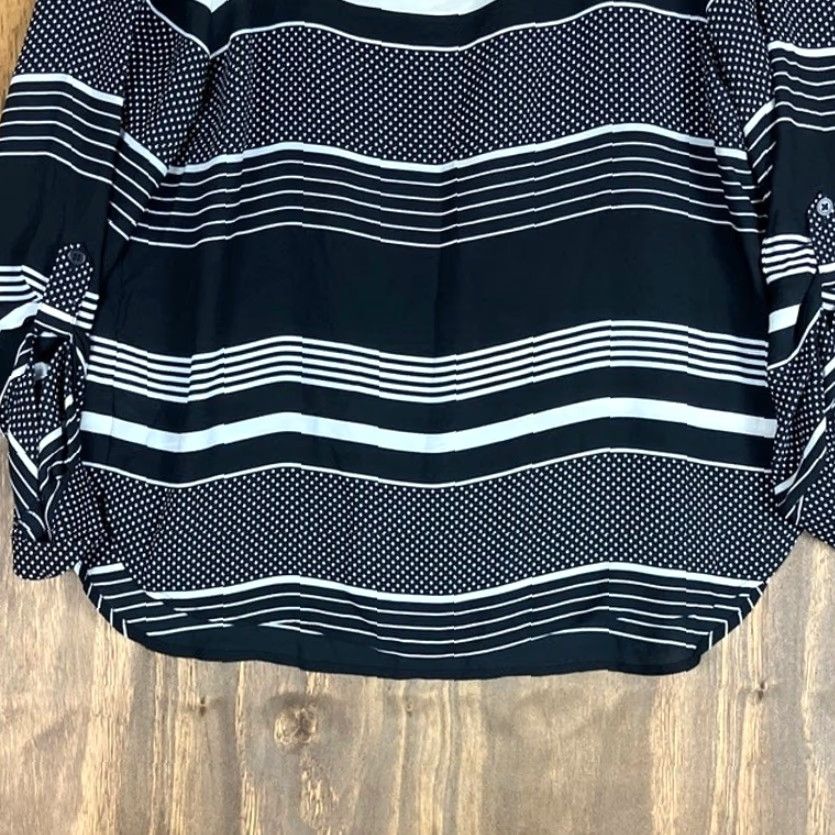 Loft VINTAGE LOFT Blouse Womens Black White Stripes Dot Print Petite Roll Tab Sleeve MP Size M / US 6-8 / IT 42-44 - 3 Thumbnail