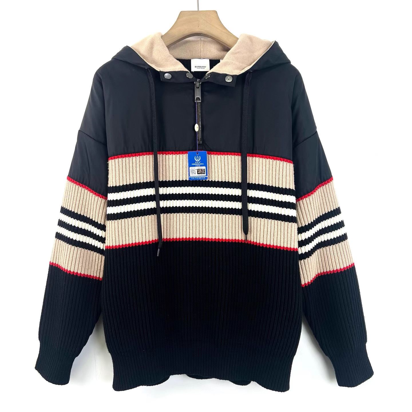 Burberry Burberry Black Panel Stripe Ribbed Knit Wool Hoodie K12 Size US M / EU 48-50 / 2 - 1 Thumbnail