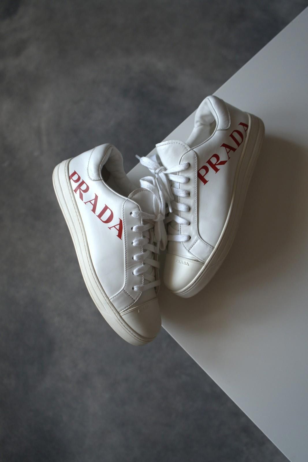Prada Prada Logo Leather Low Sneakers White / Red Women US8.5 Size US 6 / IT 36 - 3 Thumbnail