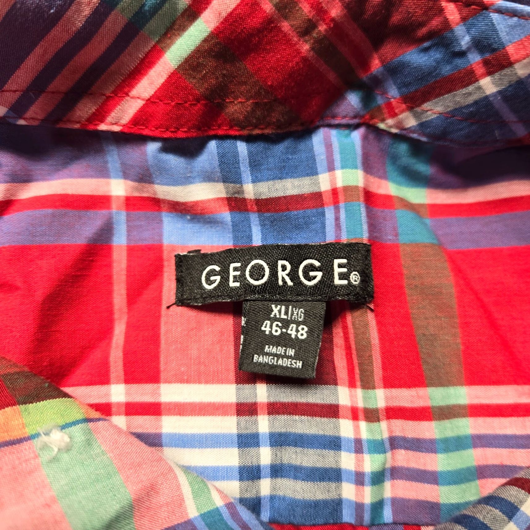 George GEORGE Shirt Men XL Plaid Red White Blue Casual Button-Up Short Sleeve Multicolor Cotton Rayon Flannel Size US XL / EU 56 / 4 - 3 Thumbnail