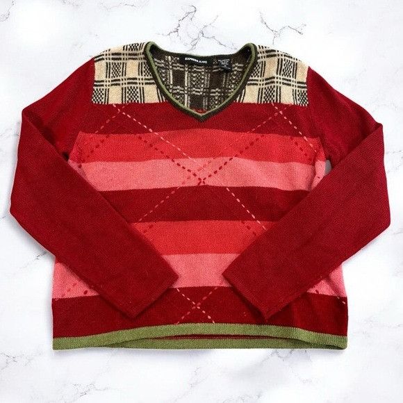 Express Vintage Express Wool Red and Pink Sweater with Plaid Accents Size M / US 6-8 / IT 42-44 - 2 Thumbnail