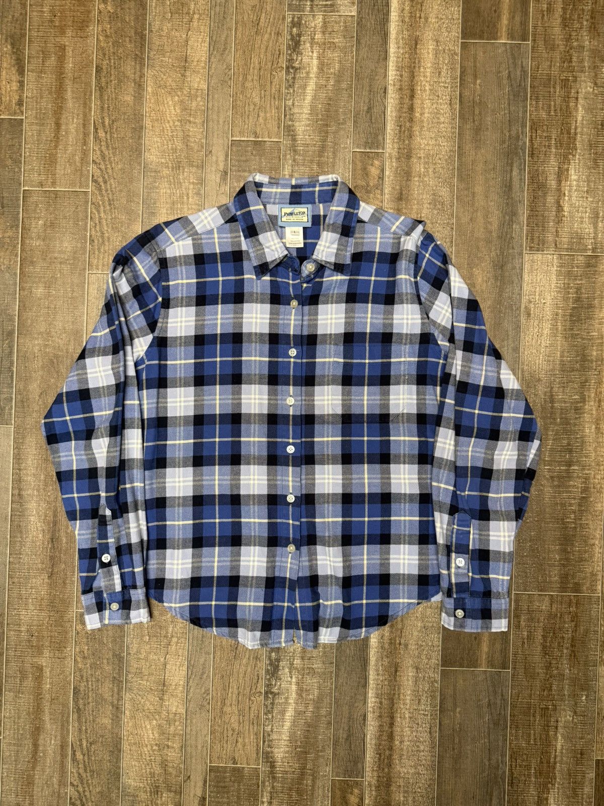 Pendleton Board Shirt Blue Yellow Plaid Flannel Button