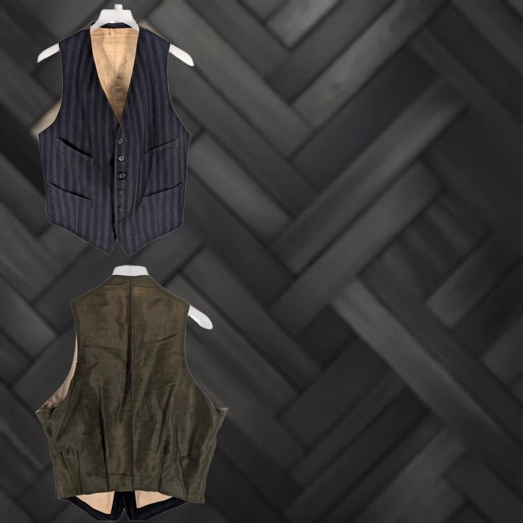 Vintage VINTAGE 1920s 1930s Waistcoat Vest Striped Wool Lapeled Back Buckle Front 6-Button 4-Pocket Mens Wool/Natural Cotton Lined Blue 38 Mens Size US XXS / EU 40 - 1 Thumbnail
