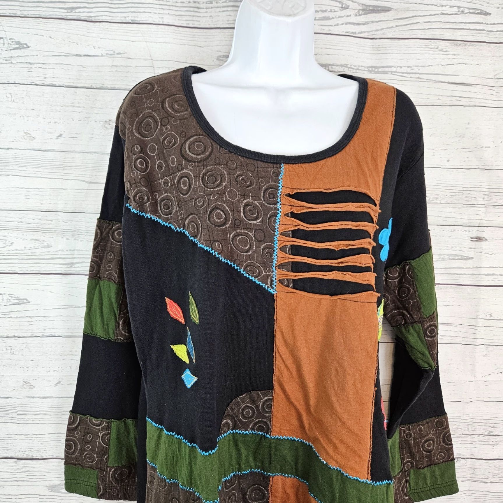 Vintage Agan Traders Womens Top 2XL Black Cotton Long Sleeve Patchwork Boho Embroidered Shirt Size XXL / US 16-18 / IT 52-54 - 2 Thumbnail