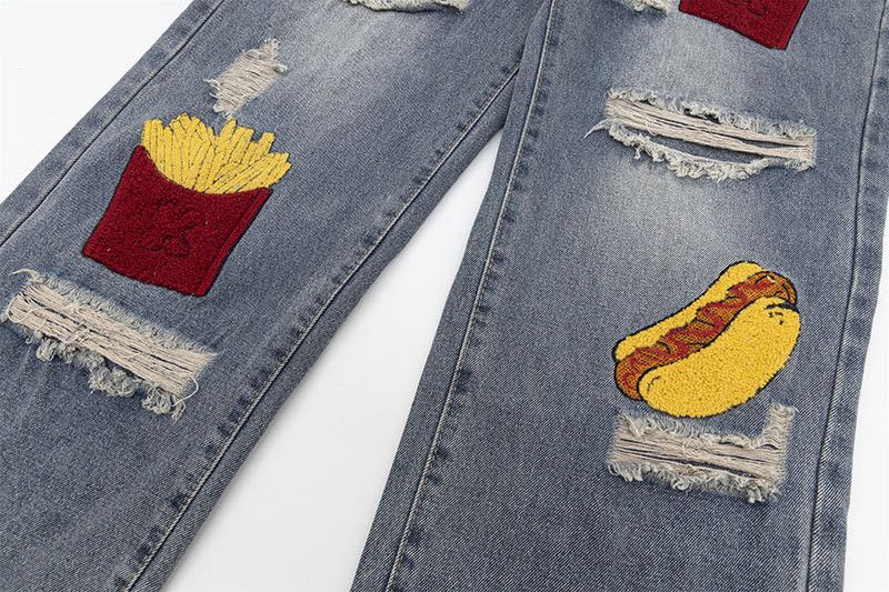 Jean Street-style retro burger fries embroidered ripped jeans Size US 32 / EU 48 - 4 Thumbnail