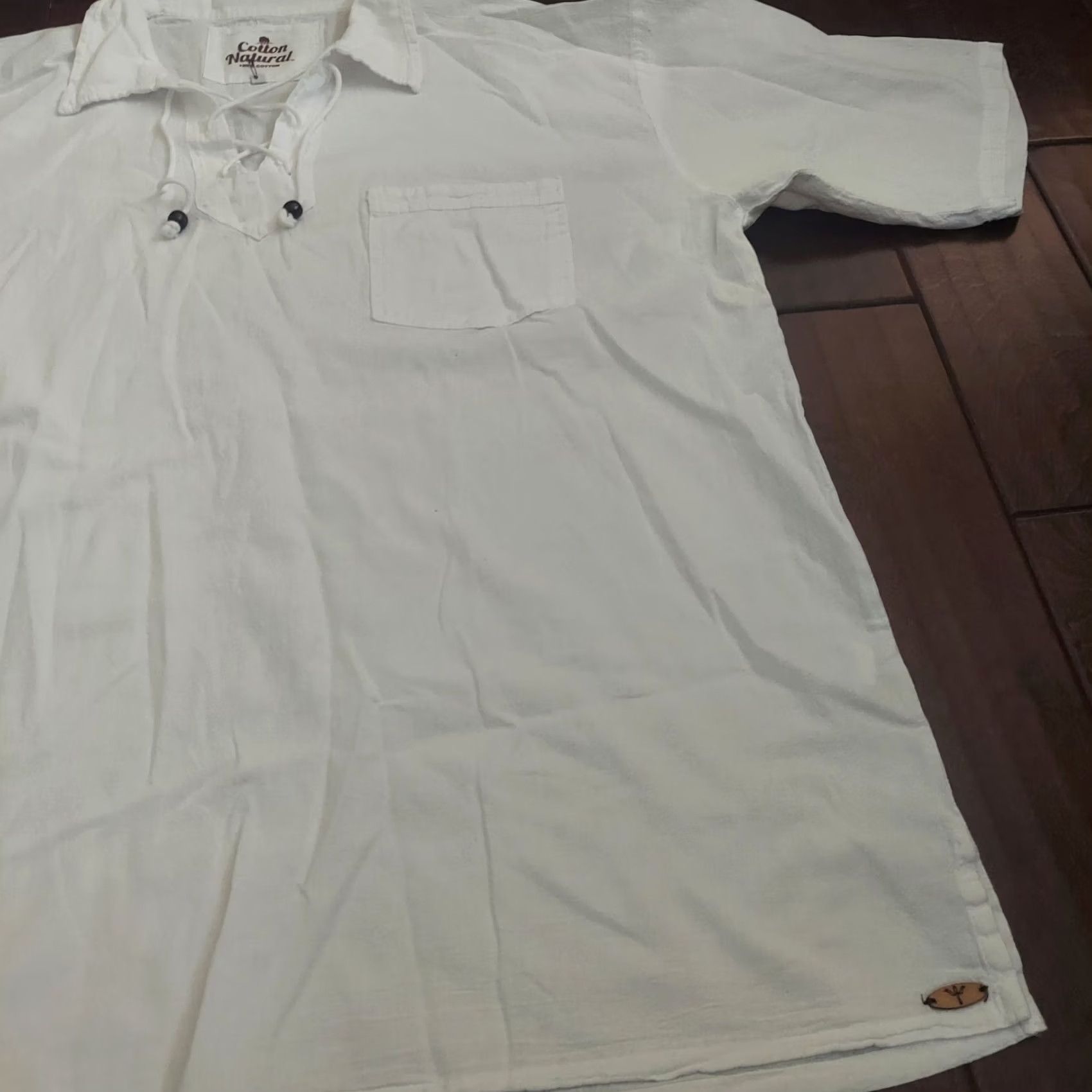 Vintage Cotton Natural Men's White Short Sleeve T-Shirt Front Pocket Drawstrings Beads 3XL Hawaiian Solid Shirt Mens Size US XXL / EU 58 / 5 - 5 Thumbnail