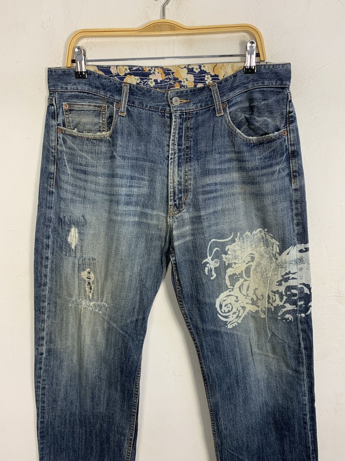 Japanese Brand Dragon Art Denim Jeans Pant Straight Leg Zipper Pocket Size US 35 - 2 Thumbnail