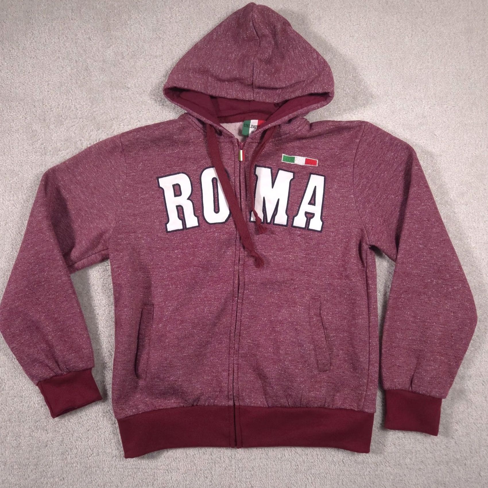 Vintage Unlimited Hoodie Womens M Red Zip Fleece Sweatshirt ROMA Italy Flag Logo Size M / US 6-8 / IT 42-44 - 2 Thumbnail