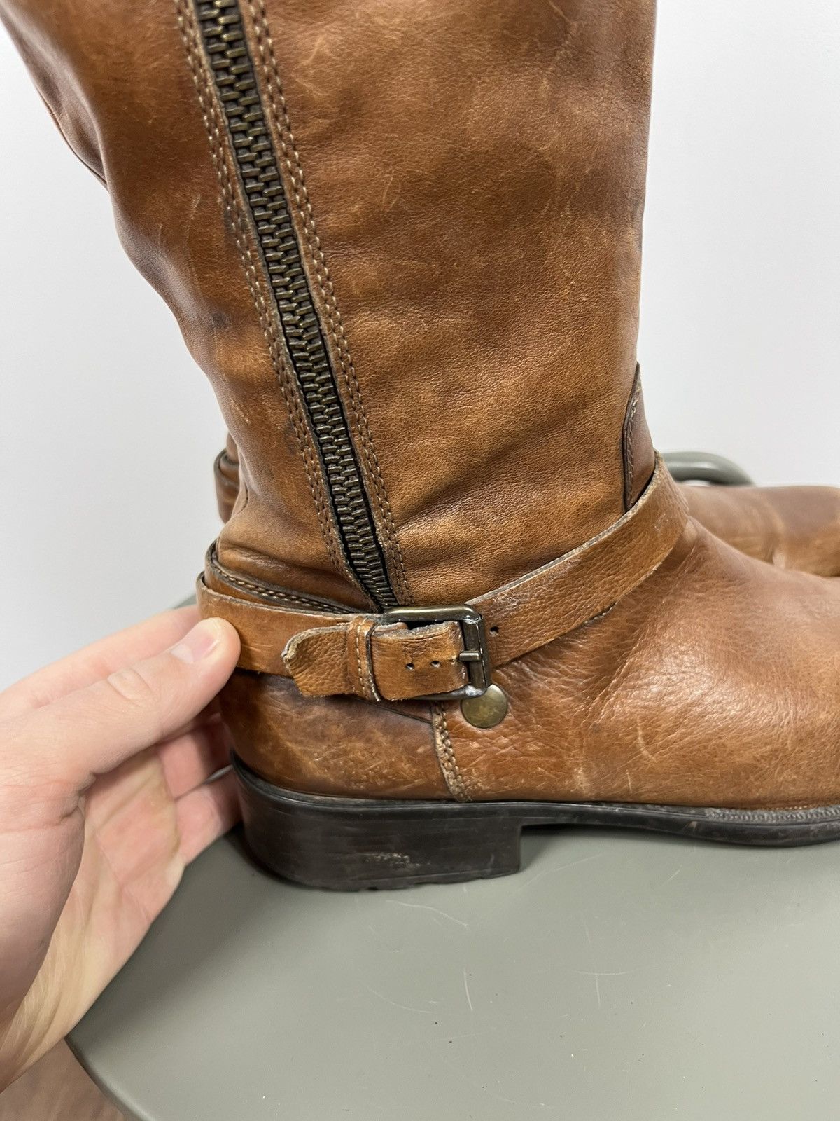 Leather Vintage Brown Leather Knee High Boots Side Zip Buckle EU 41 Size US 10 / IT 40 - 5 Thumbnail