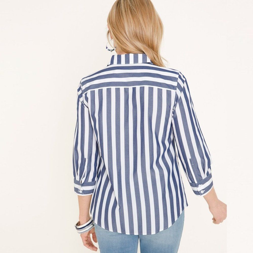 Chicos New Chico's No-Iron Cotton Striped Stain Shield Shirt Size Size L / US 10 / IT 46 - 3 Thumbnail