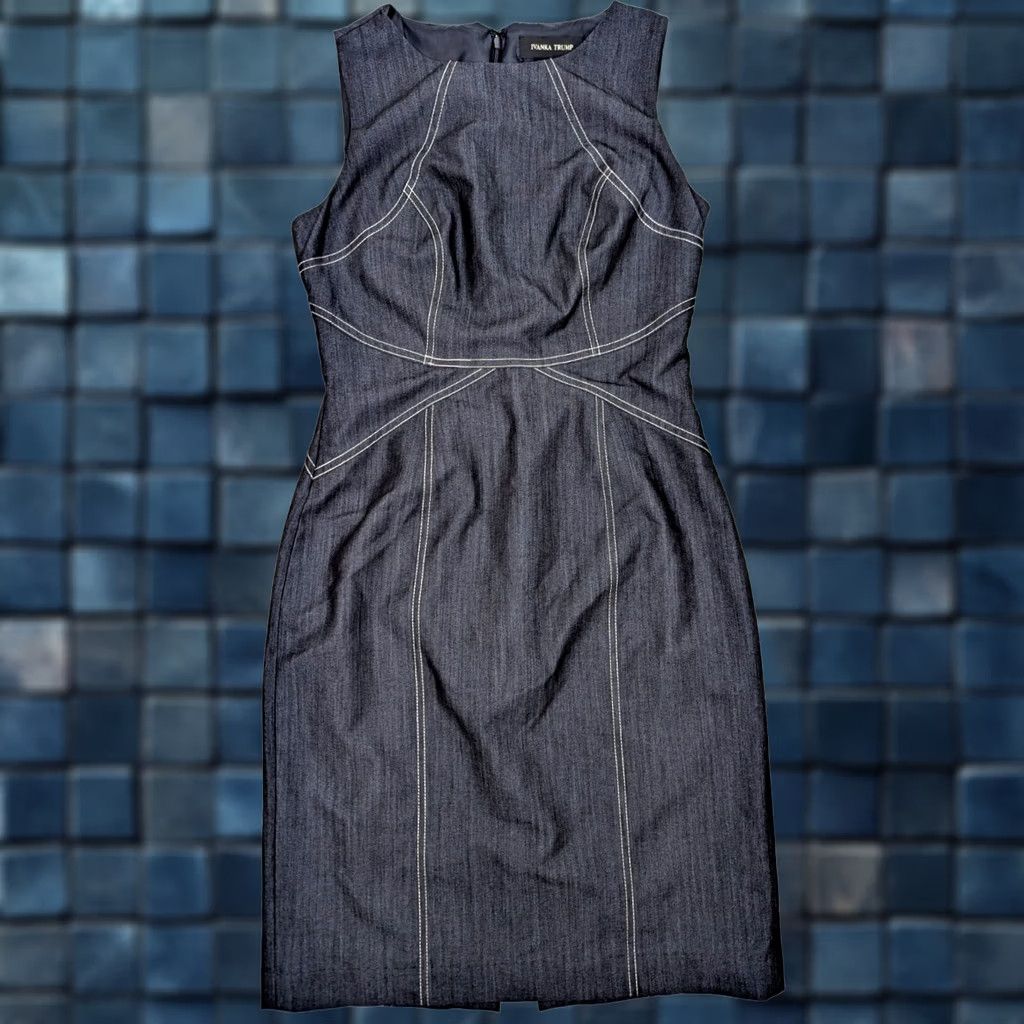Vintage Ivanka Trump Deep Indigo w White Stitch Midi Tank Dress Women 2 EUC Zip Floral Knit Sleeveless Round Neck 30 Chest 35 Long Pattern Flower Size XS / US 0-2 / IT 36-38 - 1 Thumbnail