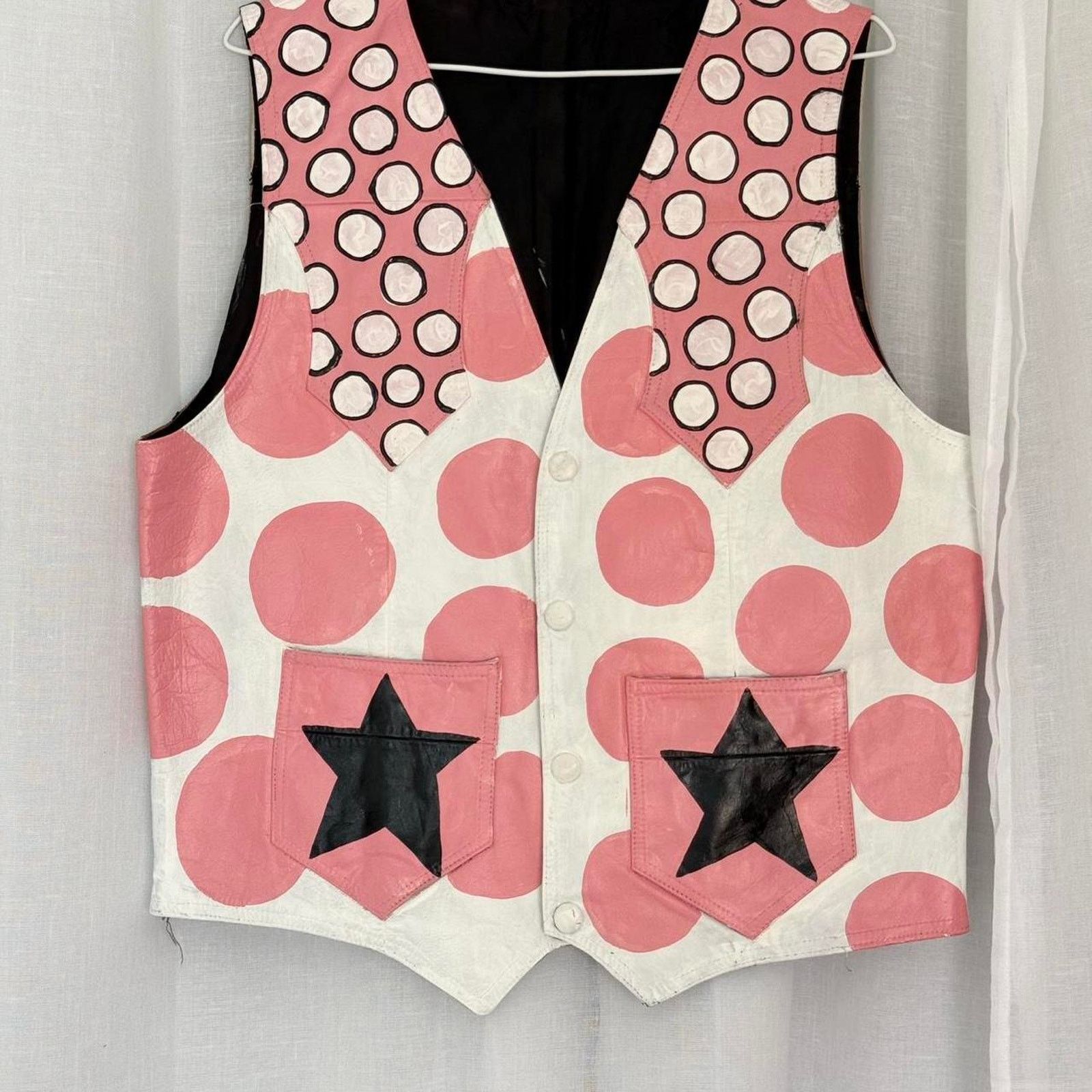 Handmade ✿ ⋆ 𓆩♡𓆪 Hand Painted Polka Dot Leather Vest 𓆩♡𓆪 ⋆ ✿ Size L / US 10 / IT 46 - 3 Thumbnail