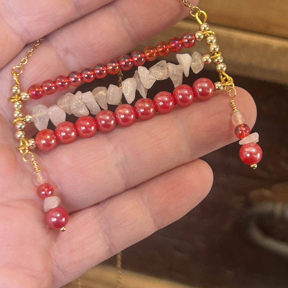 Handmade Handcrafted triple row bar stone rose quartz necklace Size ONE SIZE - 2 Thumbnail