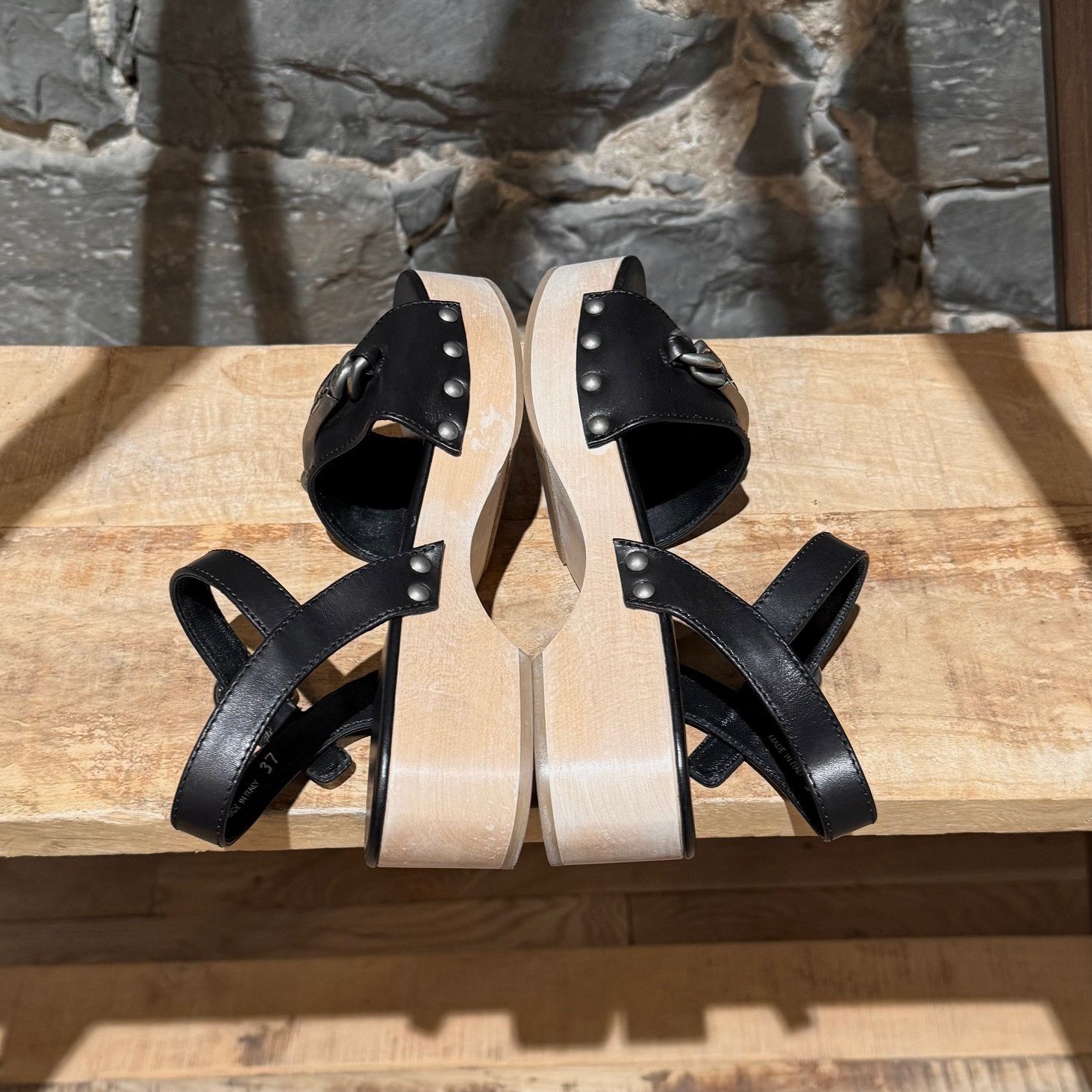 Miu Miu Miu Mu Black Leather Wood Clogs Studded Sandals Size US 7 / IT 37 - 9 Thumbnail