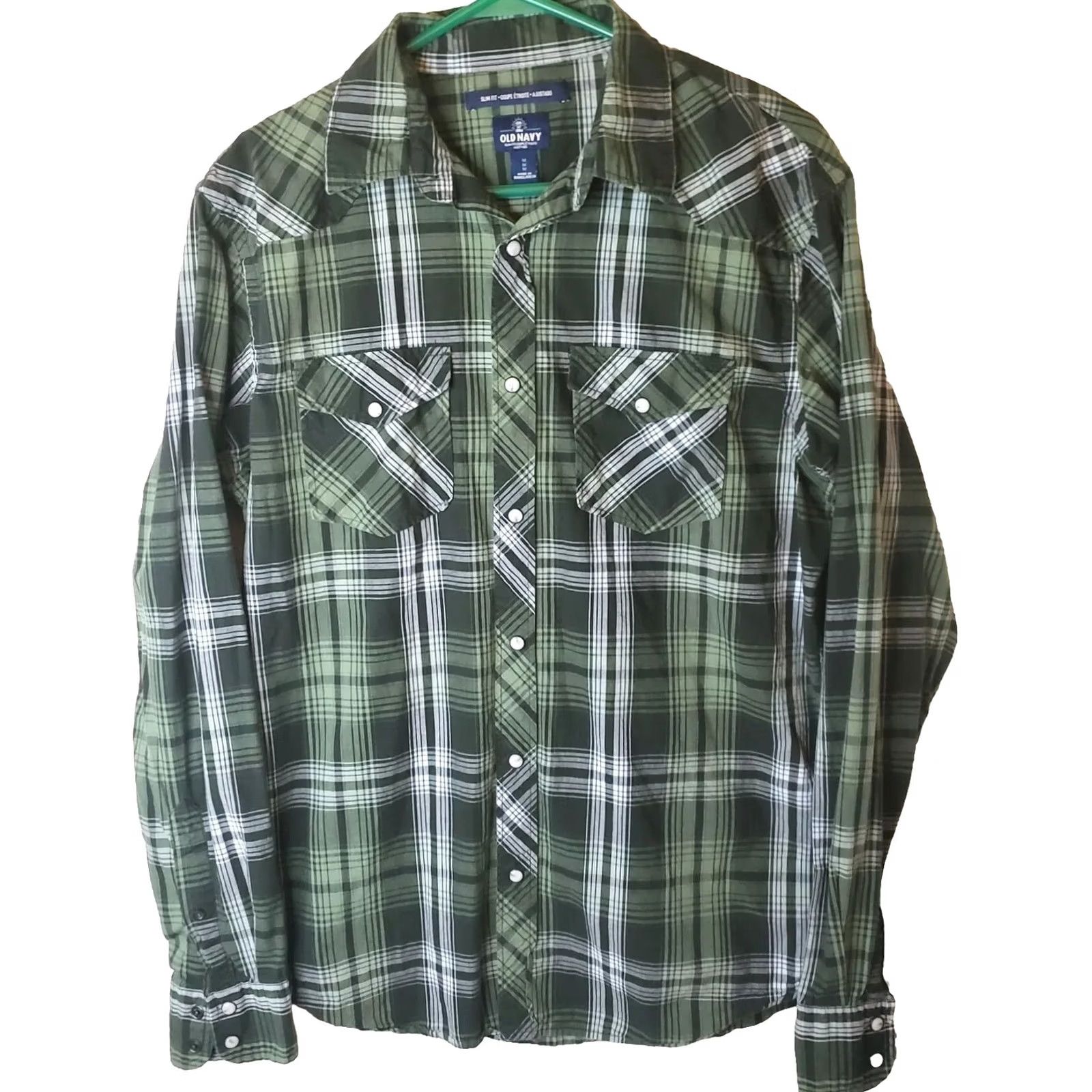 Old Navy Old Navy Button-Up Shirt Men's Slim Fit Green Plaid Pearl Snap Long Sleeve Size M Size US M / EU 48-50 / 2 - 2 Thumbnail
