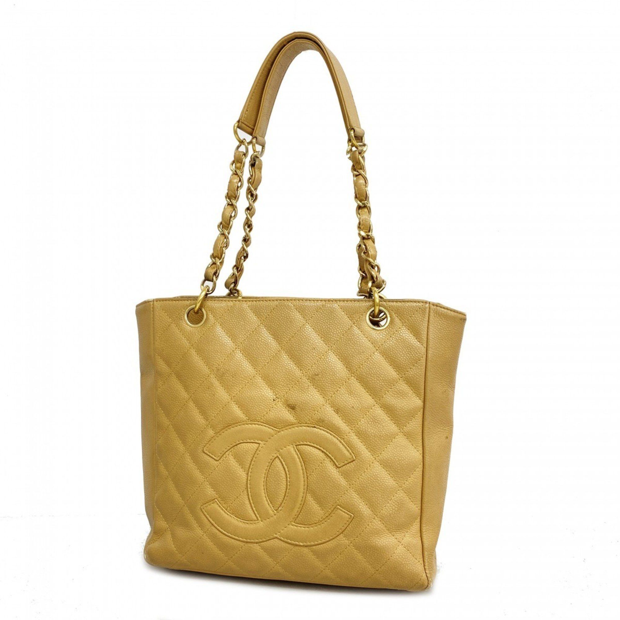 Chanel Tote Bag Matelasse Chain Shoulder Caviar Skin Beige Women's