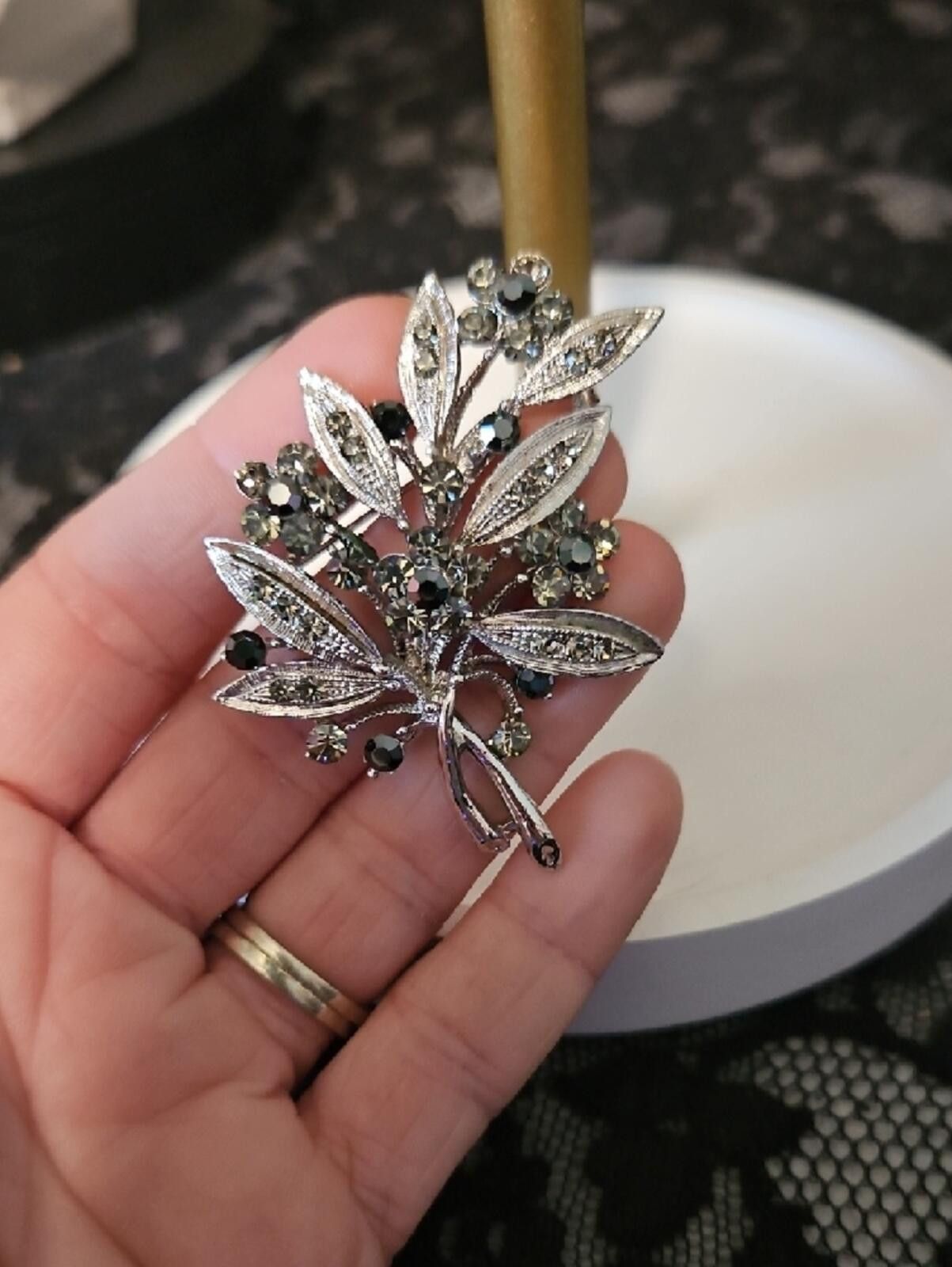 Other Silver Leaf Brooch with Black Crystal Accents Size ONE SIZE - 2 Thumbnail