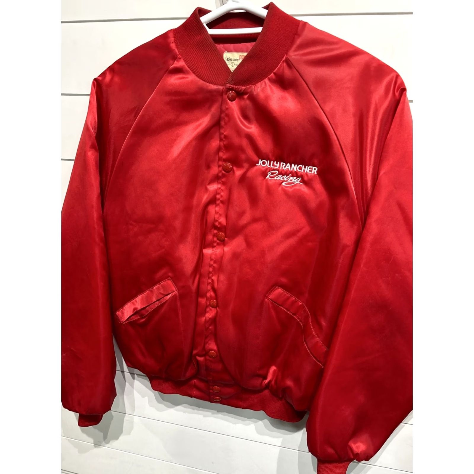 Vintage VINTAGE King Louie NHRA Jolly Rancher Racing Red Satin Snap Jacket Mens Size L VTG Satin Embroidered Varsity Jacket Racing USA Made Size US L / EU 52-54 / 3 - 3 Thumbnail
