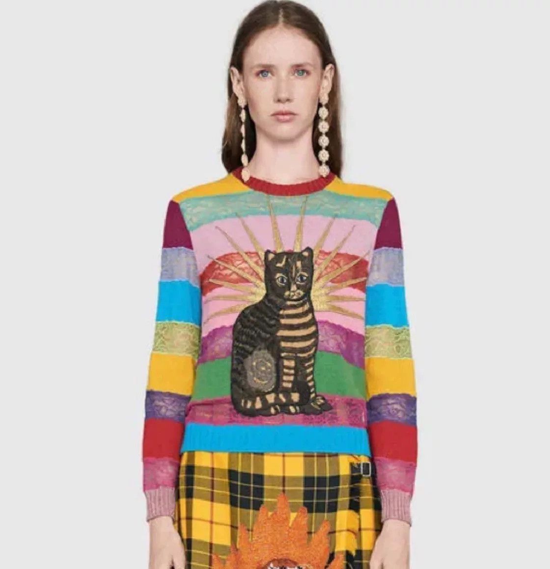 Gucci Gucci Embroidered Cat Stripe Lace Sweater Size S / US 4 / IT 40 - 1 Thumbnail