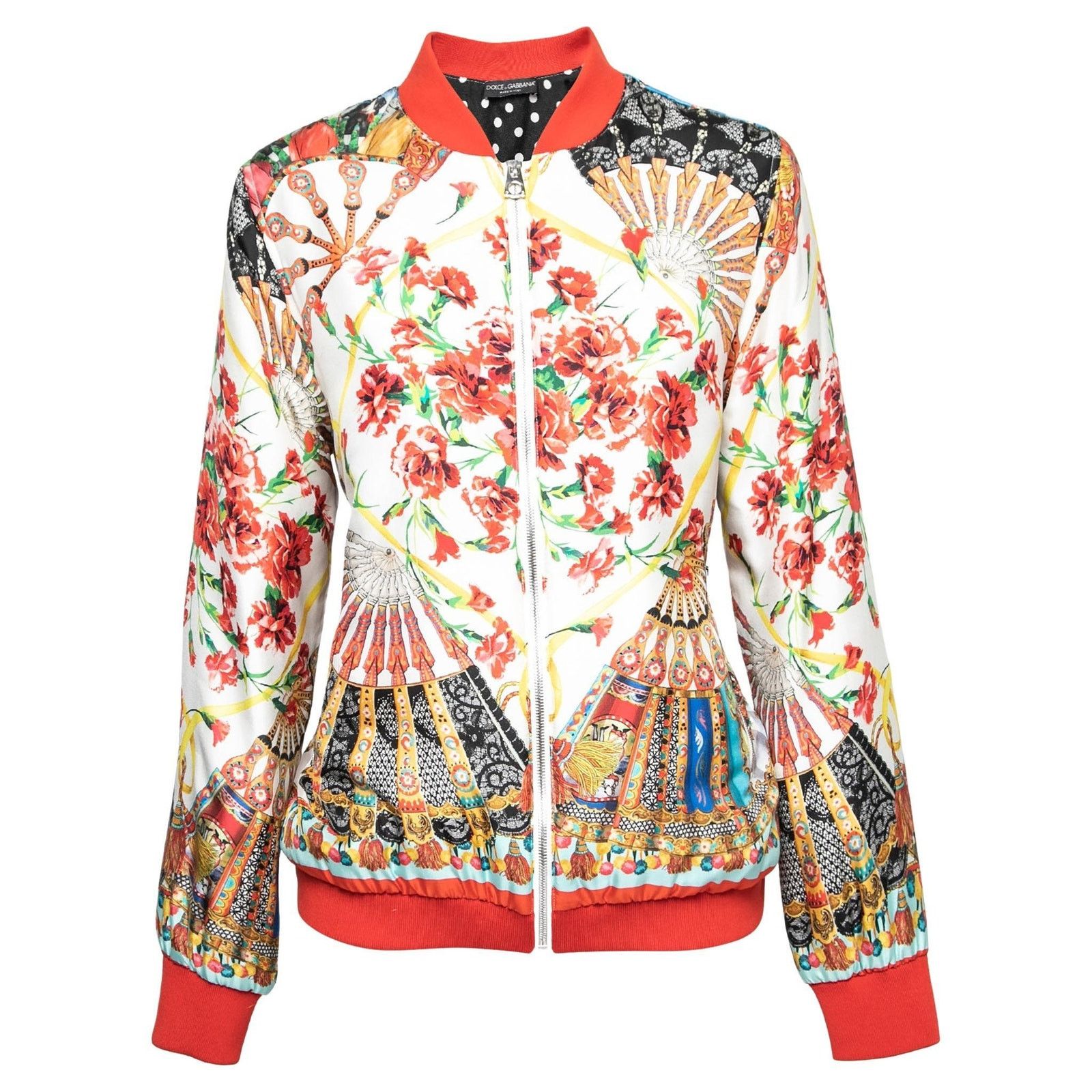 Dolce & Gabbana Dolce & Gabbana Cream Red Silk Bomber Jacket Multi IT 38 Size XS / US 0-2 / IT 36-38 - 3 Thumbnail