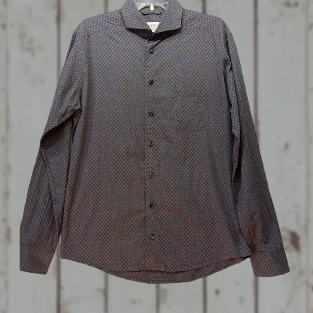 Eton Eton Shirt Mens 16/41 Slim Fit Dress 100% Cotton Blue-Gray Geometric Brown Dots Size 42R - 1 Thumbnail