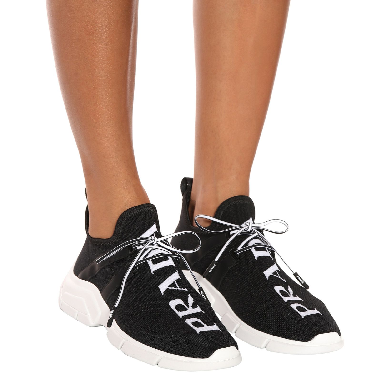 Prada Prada Logo Sock Black White Knit Flat Tie Pull On Sneaker 35 Size US 5 / IT 35 - 5 Thumbnail