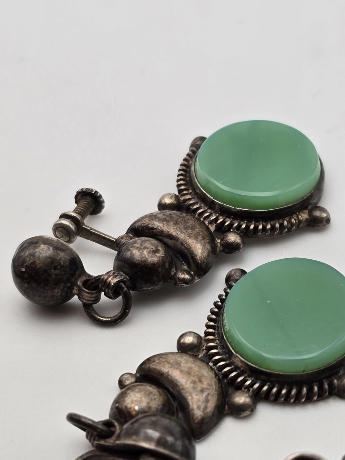 Sterling Silver Vtg Mexican Sterling Screw-Back Earrings – Green Chrysoprase Size ONE SIZE - 2 Thumbnail