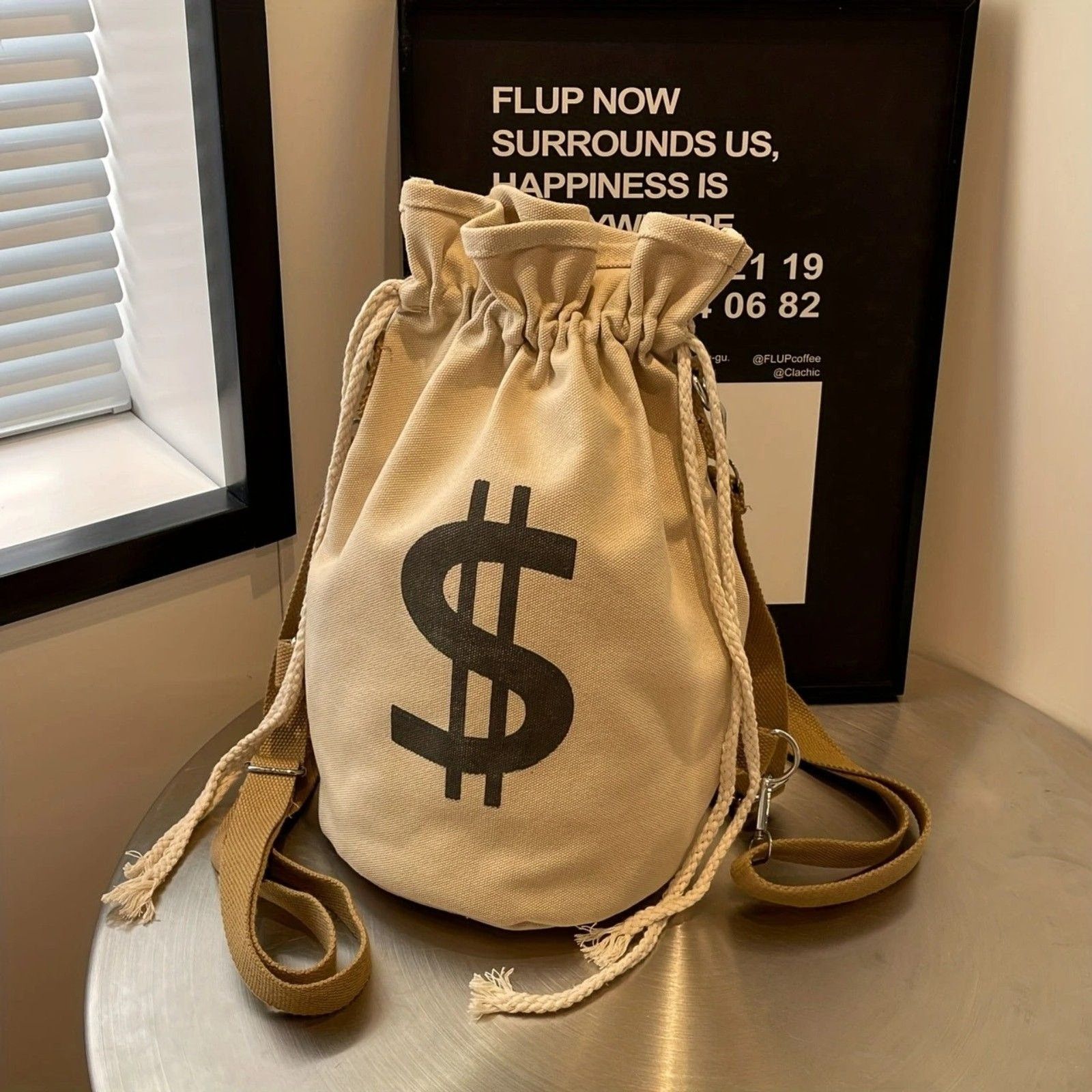 Other Bank Heist Money Bag Satchel Canvas Backpack - Beige Size ONE SIZE - 1 Thumbnail