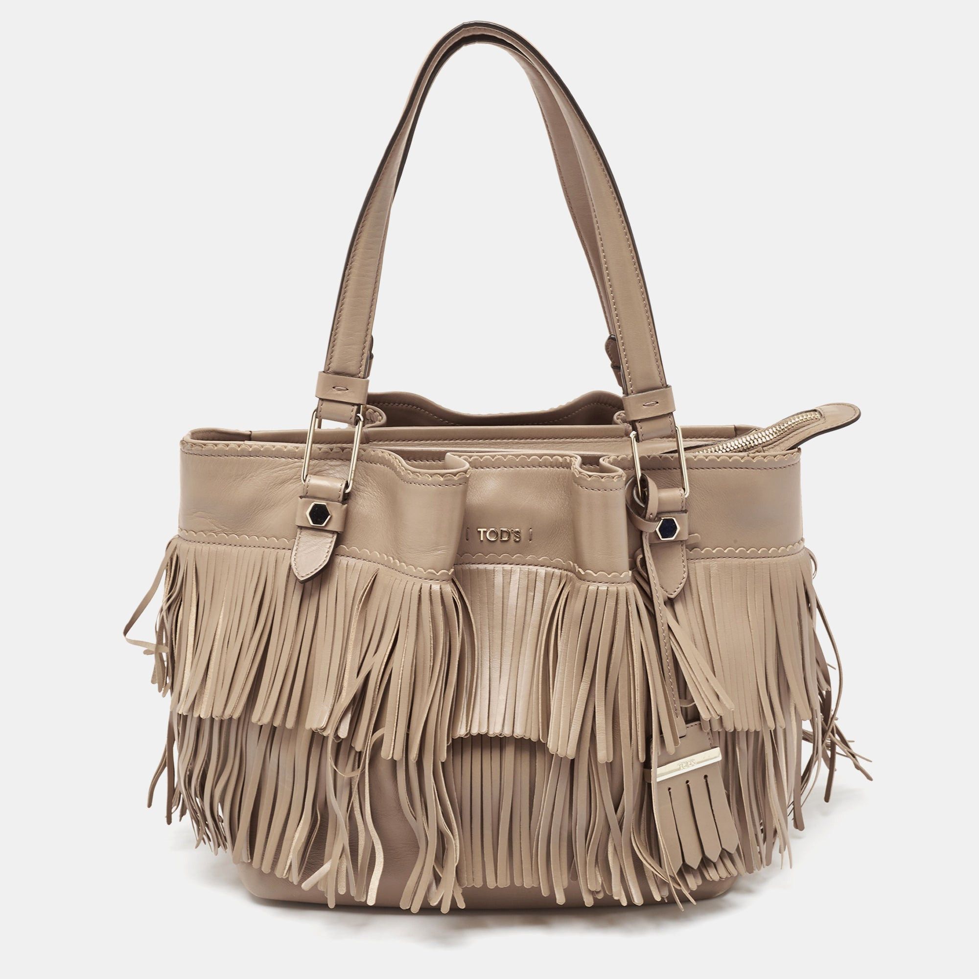 image of Tods Tod's Beige Leather Fringe Tote in White, Women's